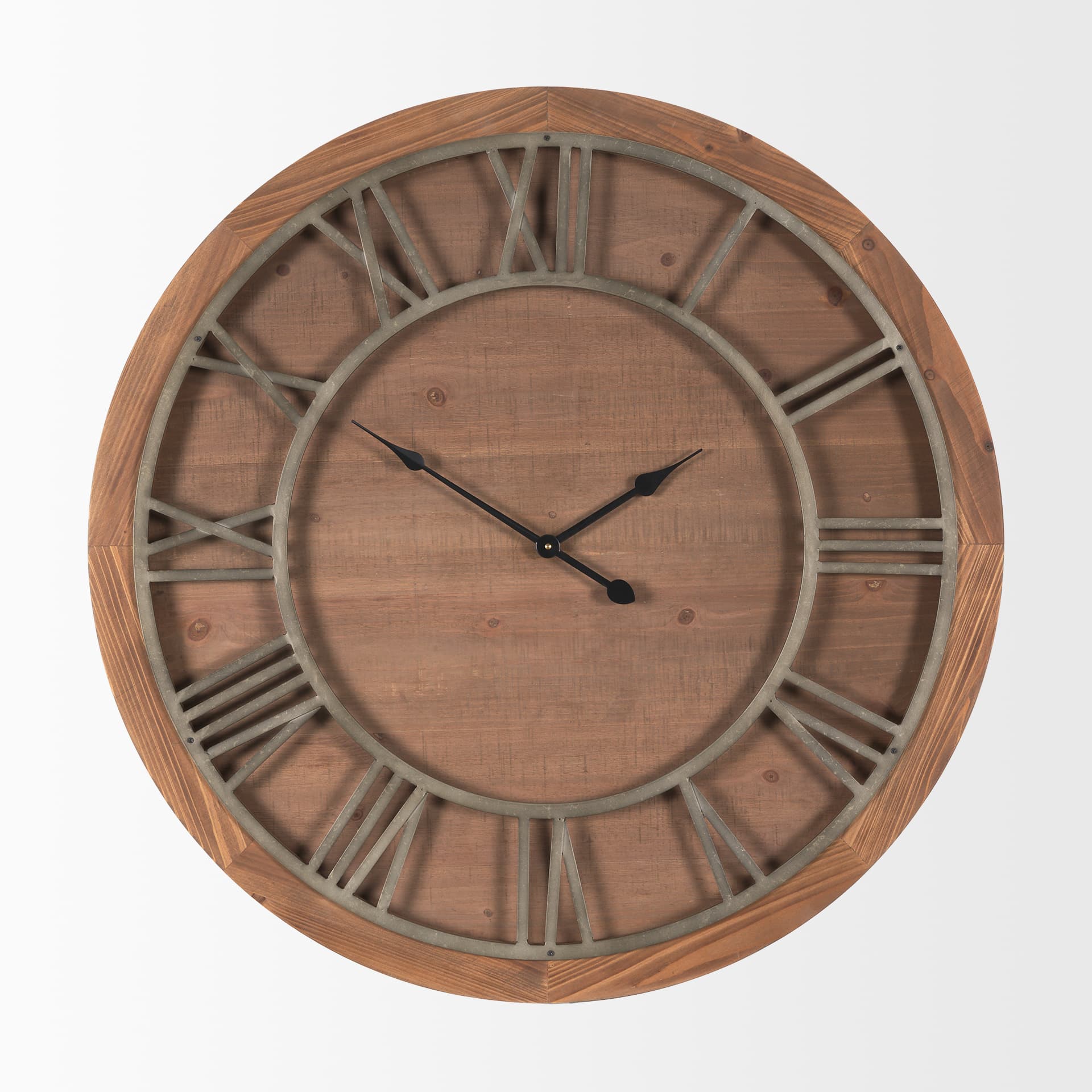 Raul Medium Brown Wood W/ Silver Metal Wall Clock — product photograph