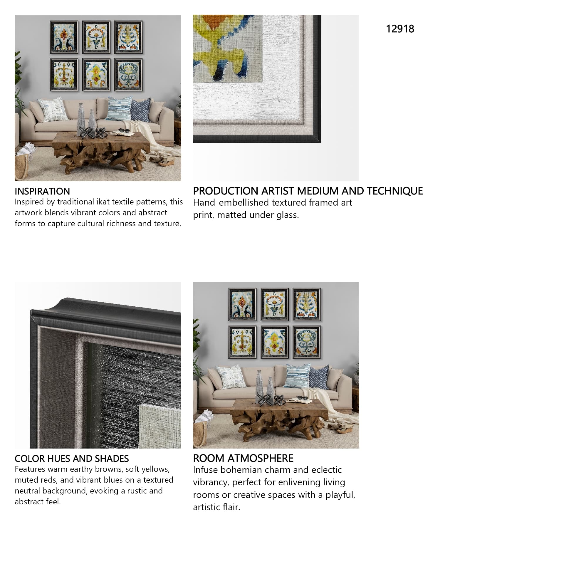 Bohemian Ikat III by Chariklia Zarris Hand Embellished Textured Framed Art Print Matted under Glass — in a styled room