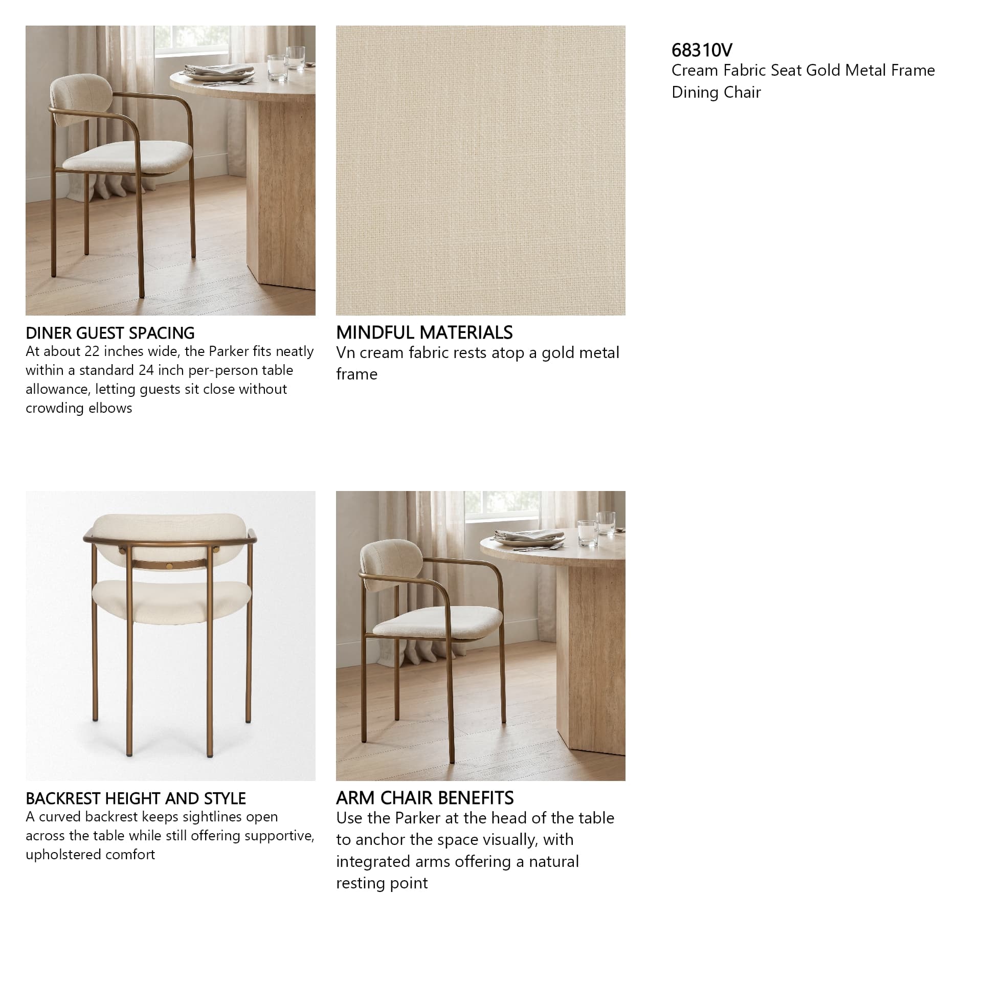 Parker Curved Back Dining Arm Chair | Cream Fabric w/ Gold Metal — in a styled room