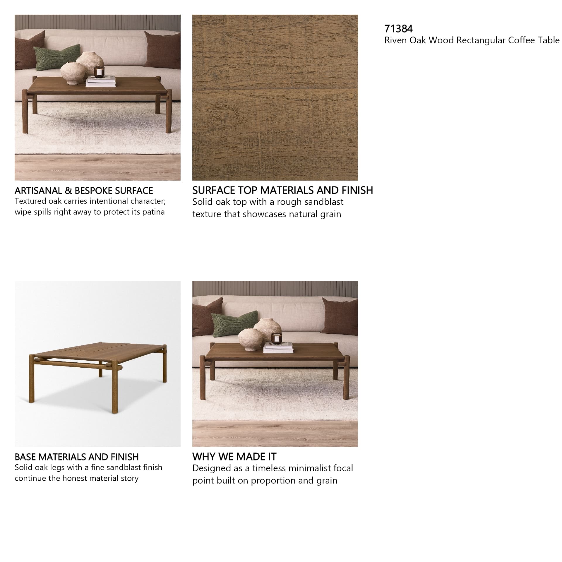 Riven Oak Wood Rectangular Coffee Table — in a styled room