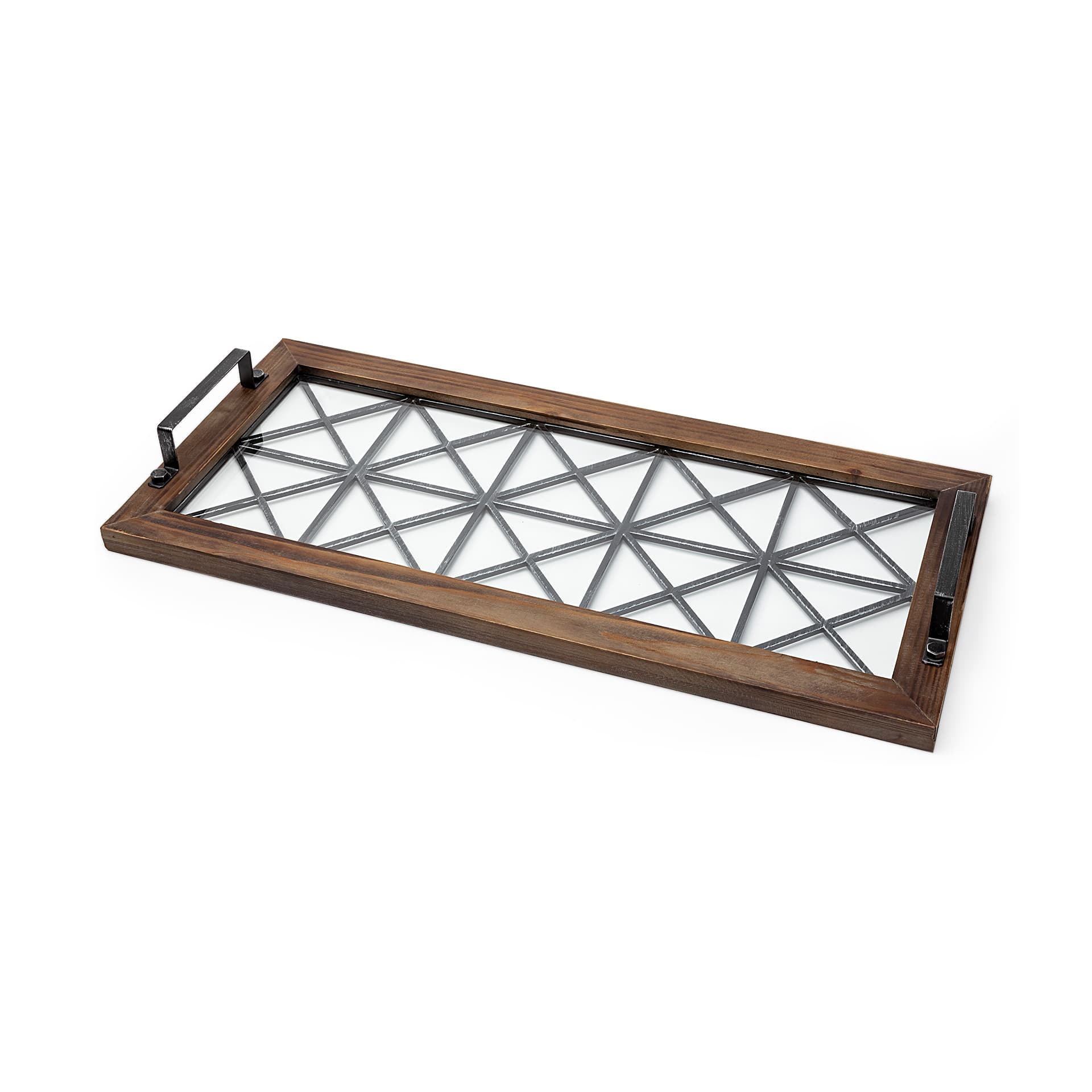 Ellingson 28L x 13W Black Rectangular Metal Glass Wood Bottom Tray — product photograph