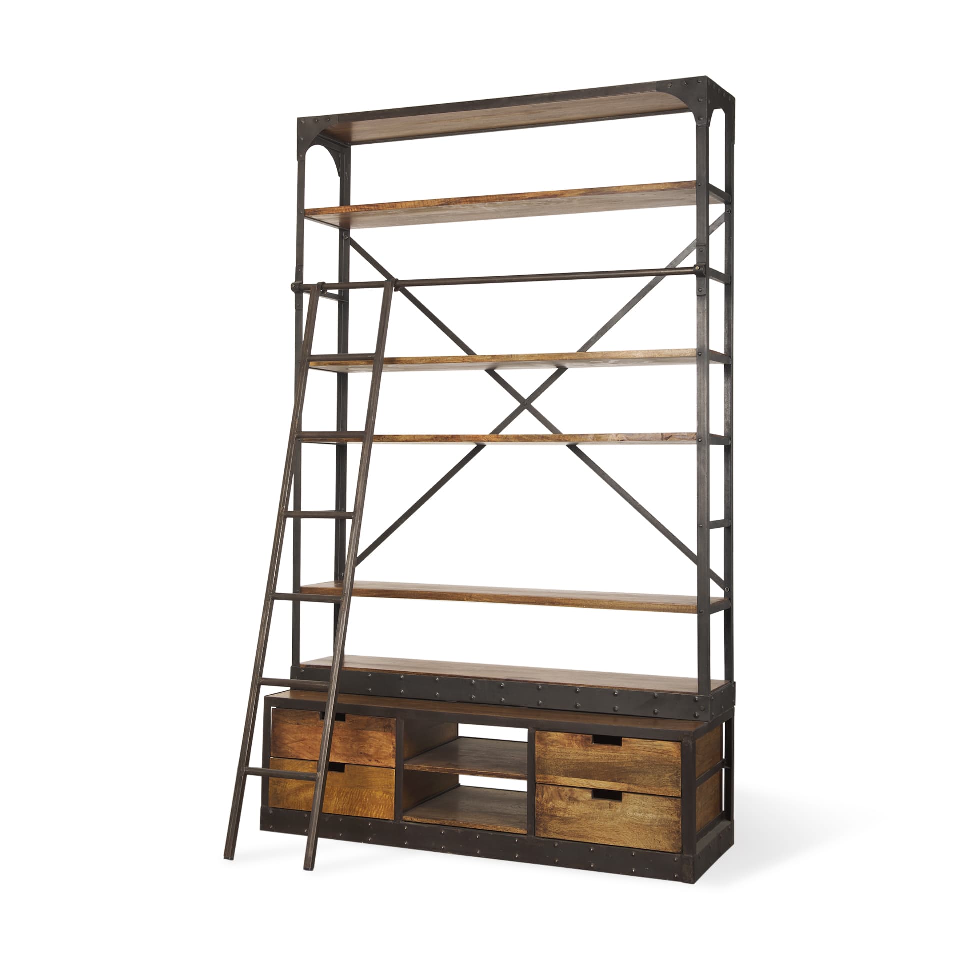 Brodie II Medium Brown Wood Black Ladder Four Shelf Shelving Unit 57L x 20.5W x94H — product photograph