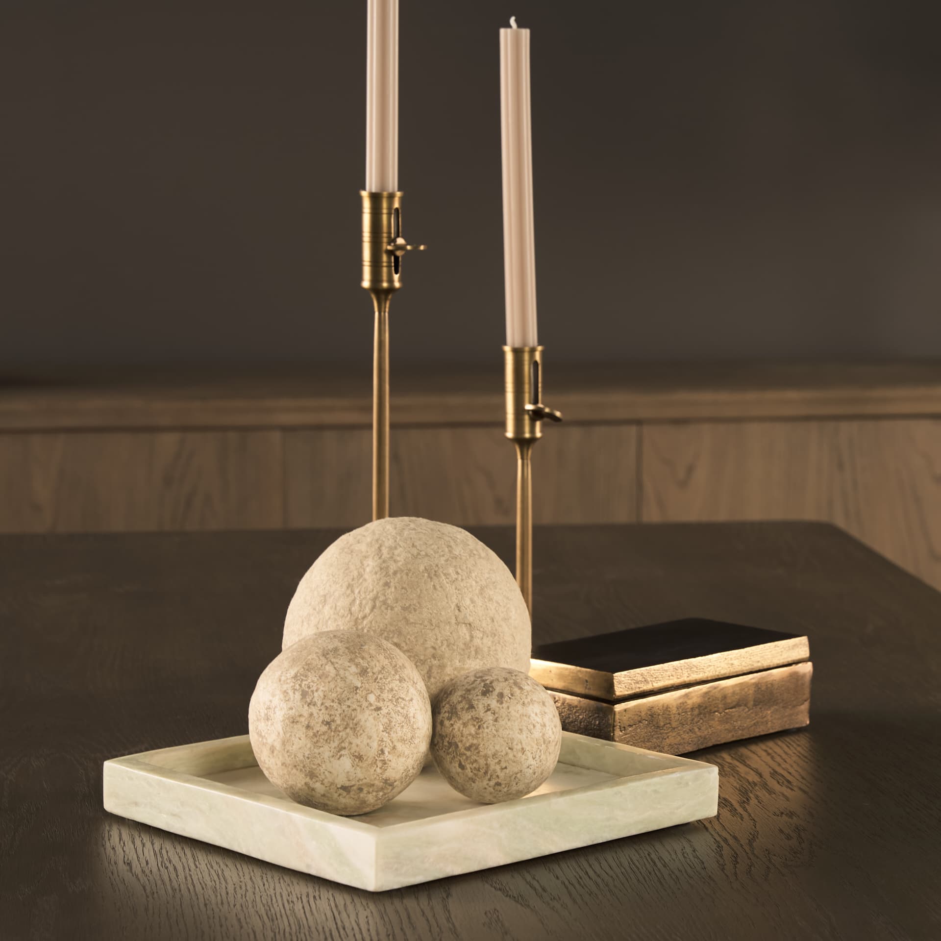 Stratus Gray Marble Square Decorative Tray — in a styled room