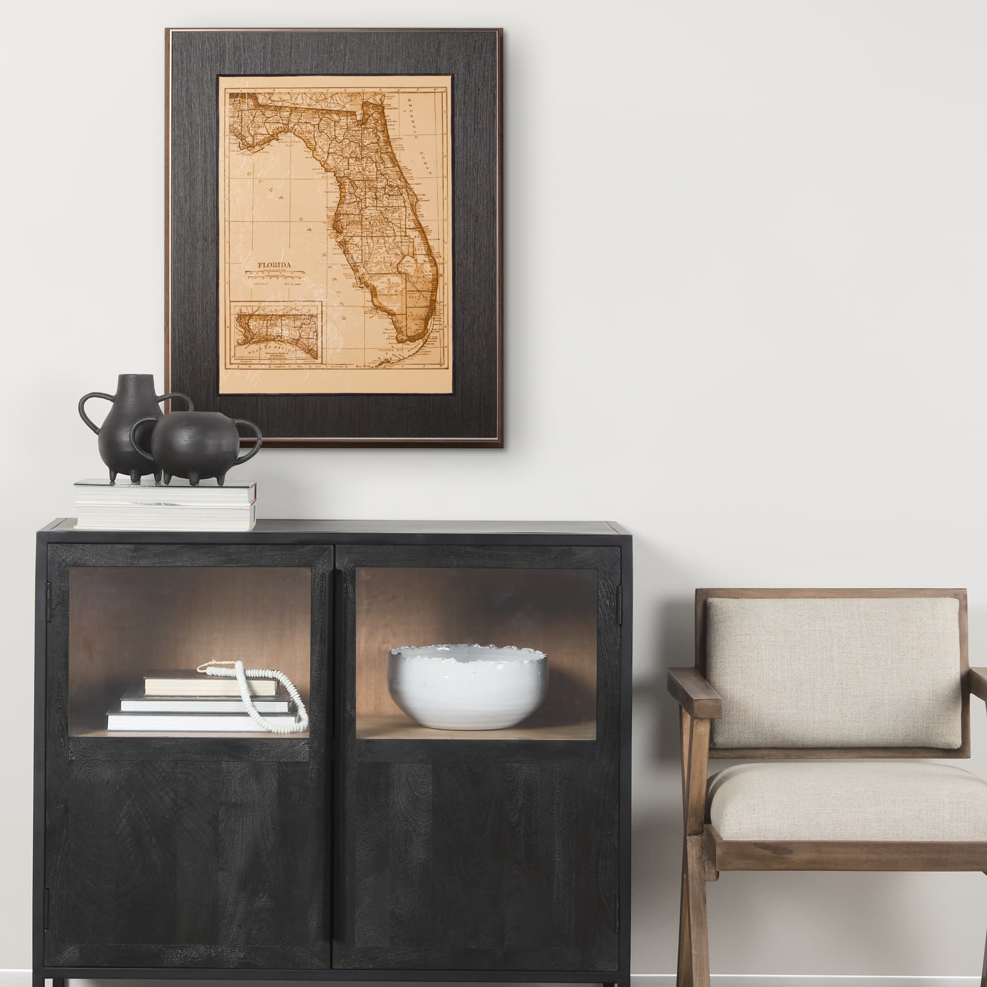Vintage Florida Map by Mercana Studio a Hand Embellished Textured Framed Art Print — in a styled room