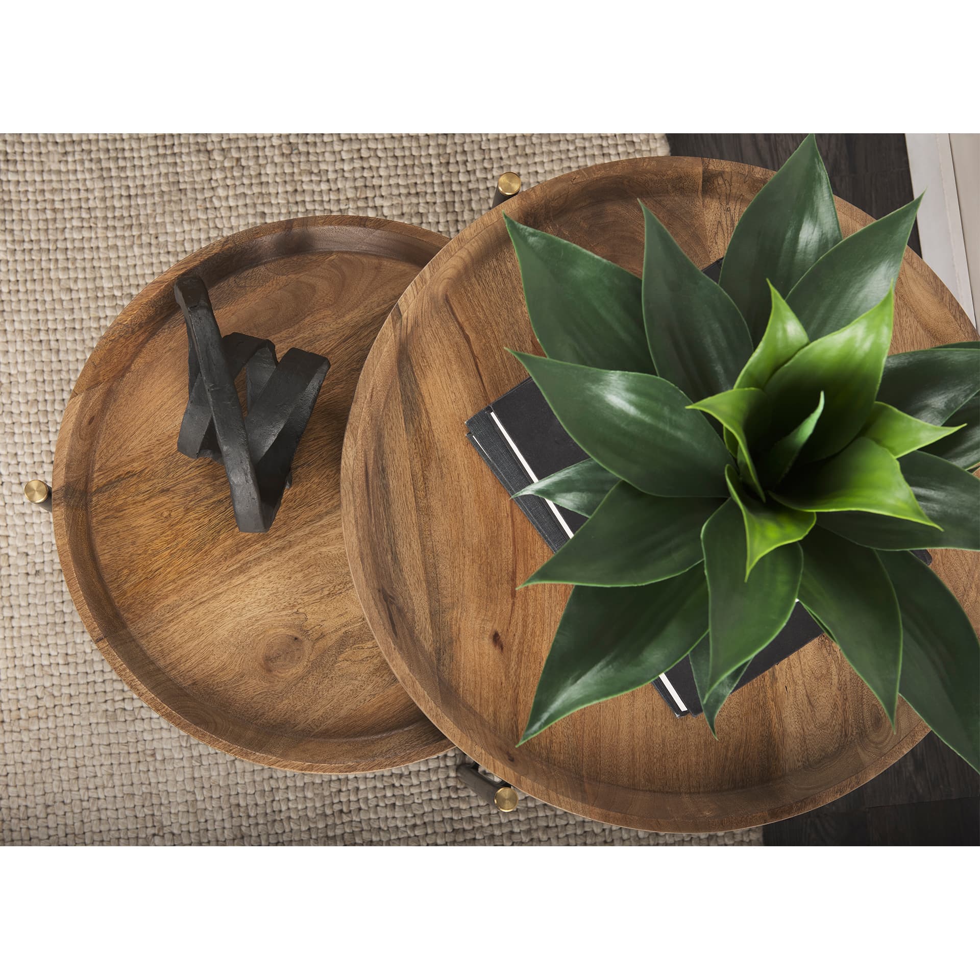 Marquisa (Set of 2) 22.5L x 22.5W x 20.8H Light Brown Wood W/ Black Metal Base Nesting Side Tables — product photograph