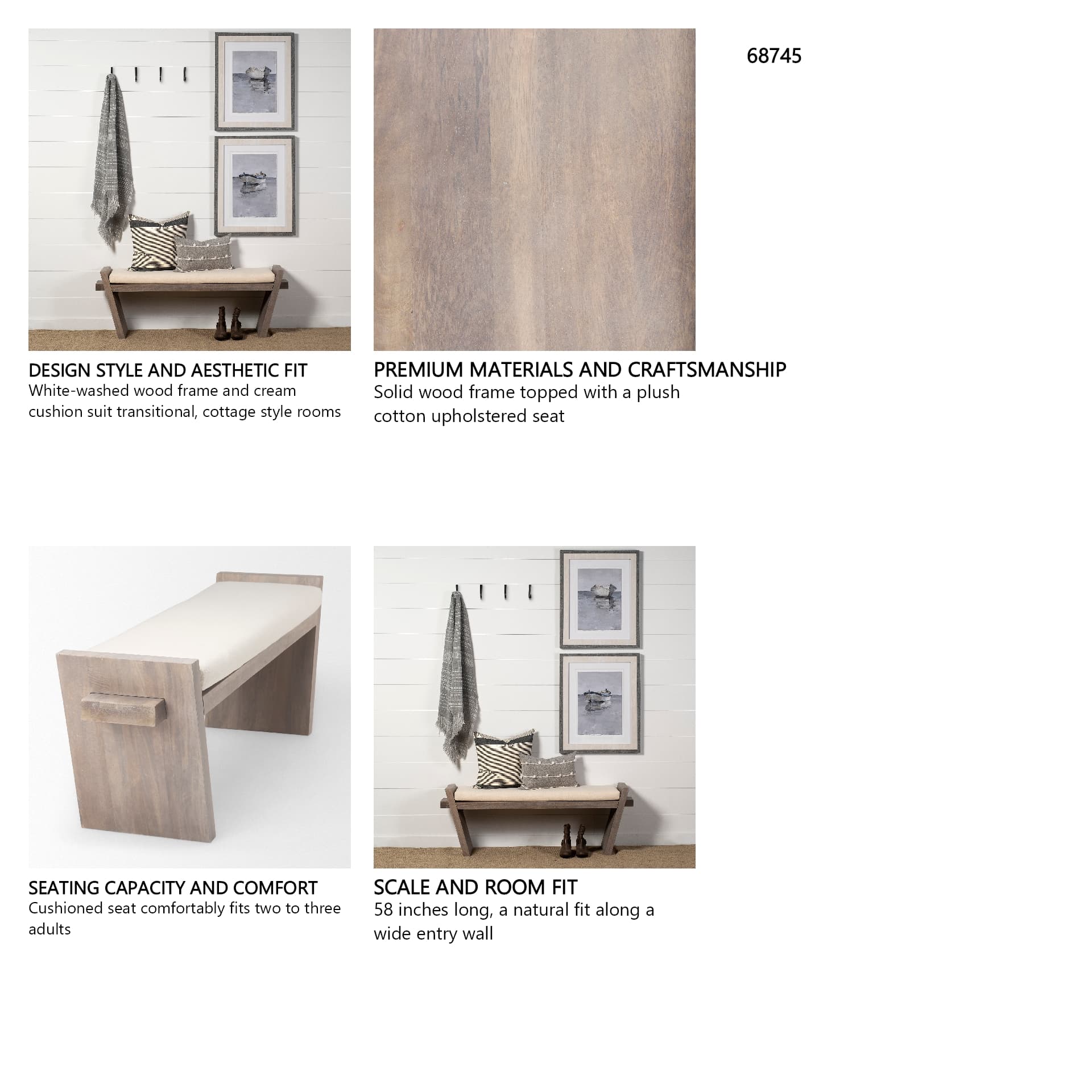 Elaine I 58L x 14.75W x 20H Brown Wood Upholstered Cream Seat Entryway Bench — in a styled room