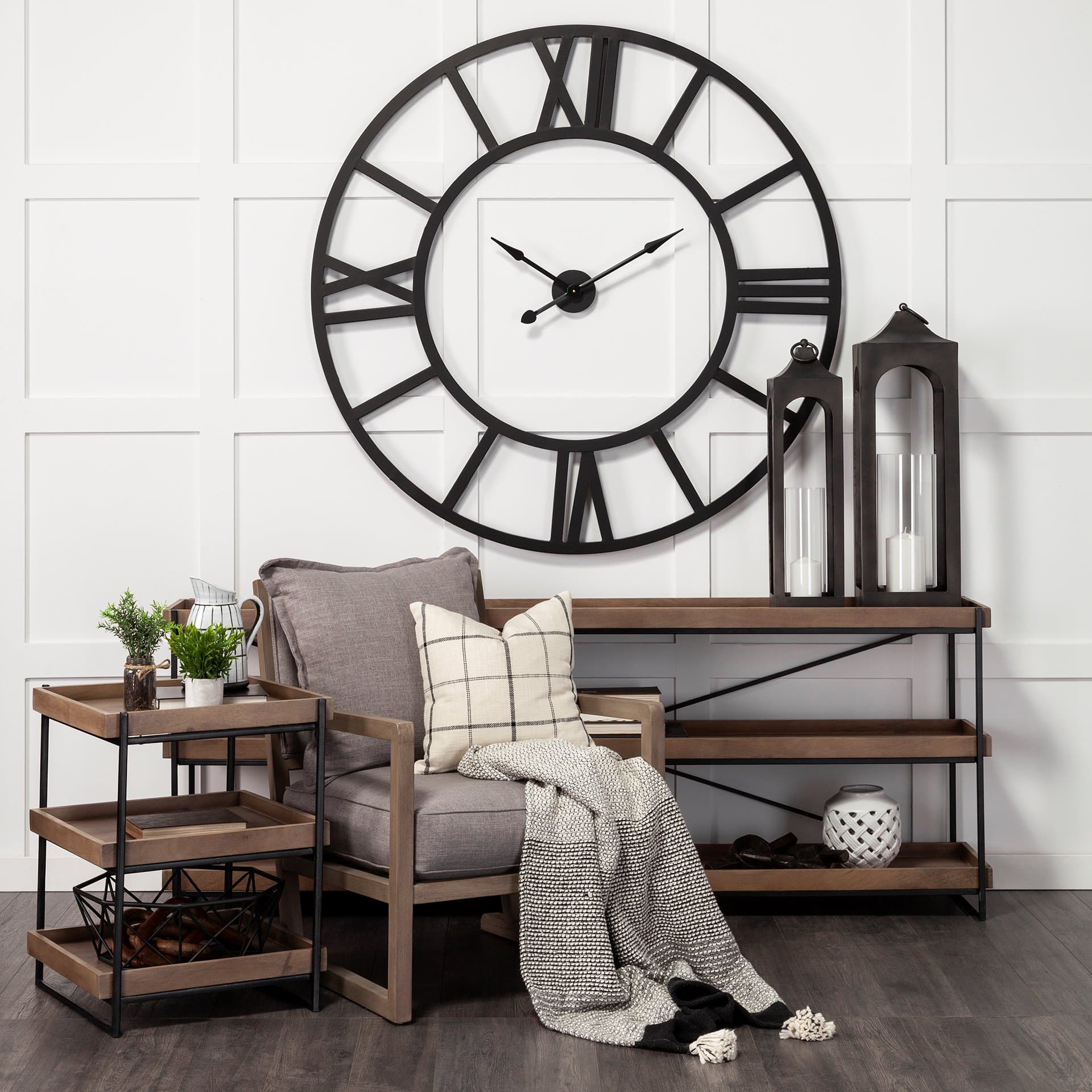 Trey III 20" x 26" Square Medium Brown Wooden Three-Tiered Black Iron Frame End/Side Table — product photograph