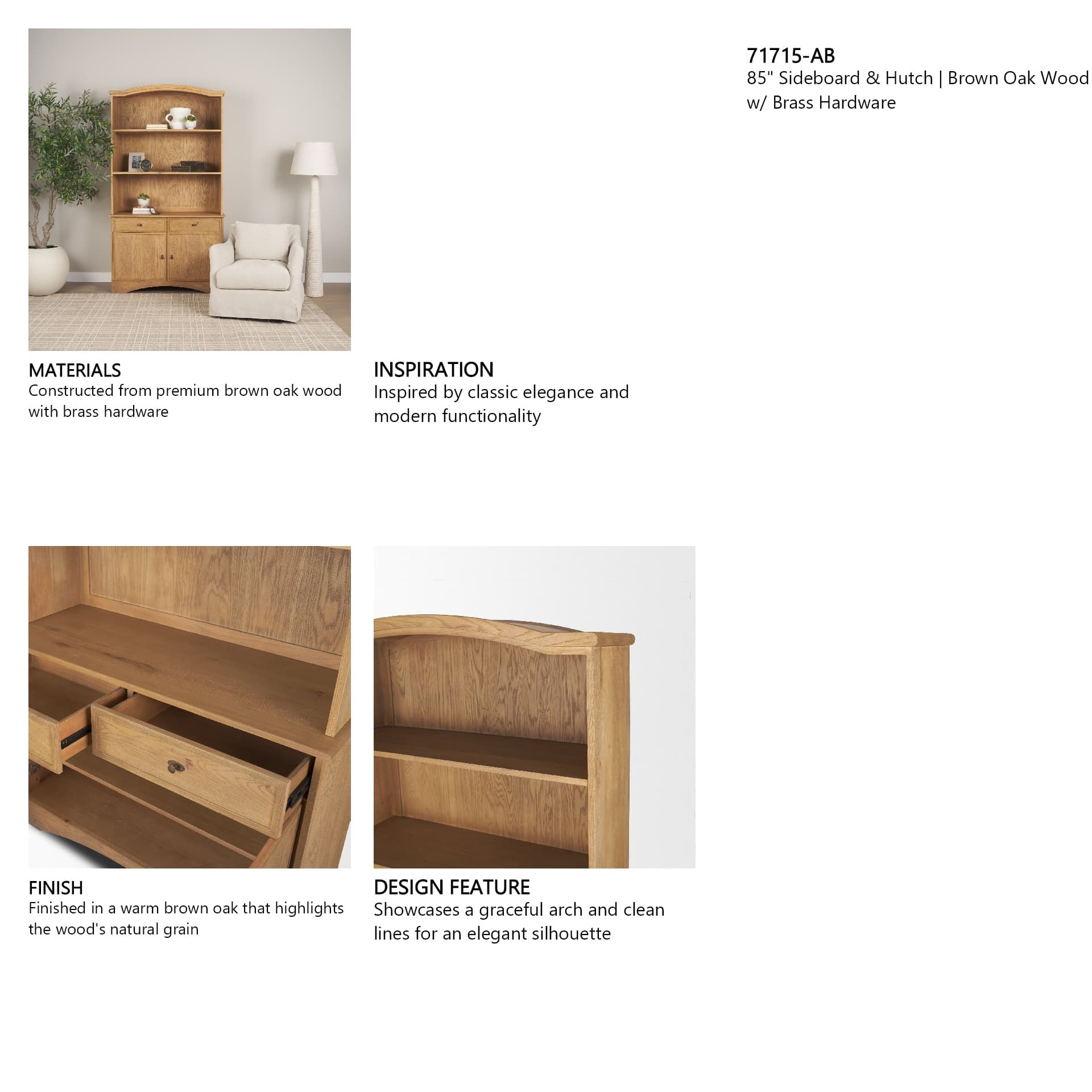 Carrington 85" Sideboard & Hutch | Brown Oak Wood w/ Brass Hardware — in a styled room