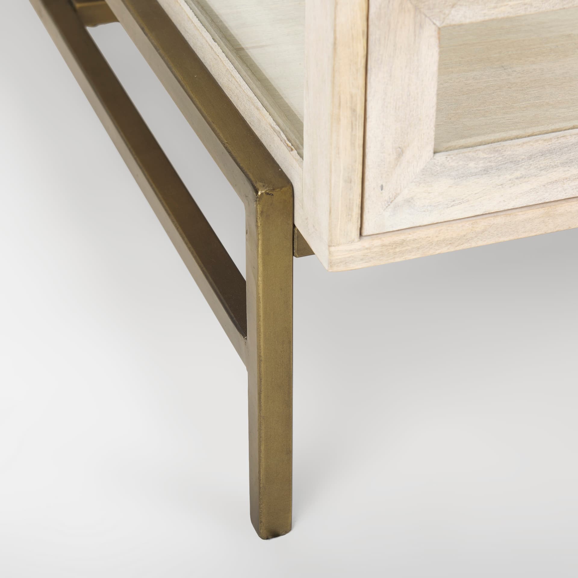 Arelius 42" Square Glass-Top White Wood w/ Gold Metal Base Display Coffee Table — product photograph