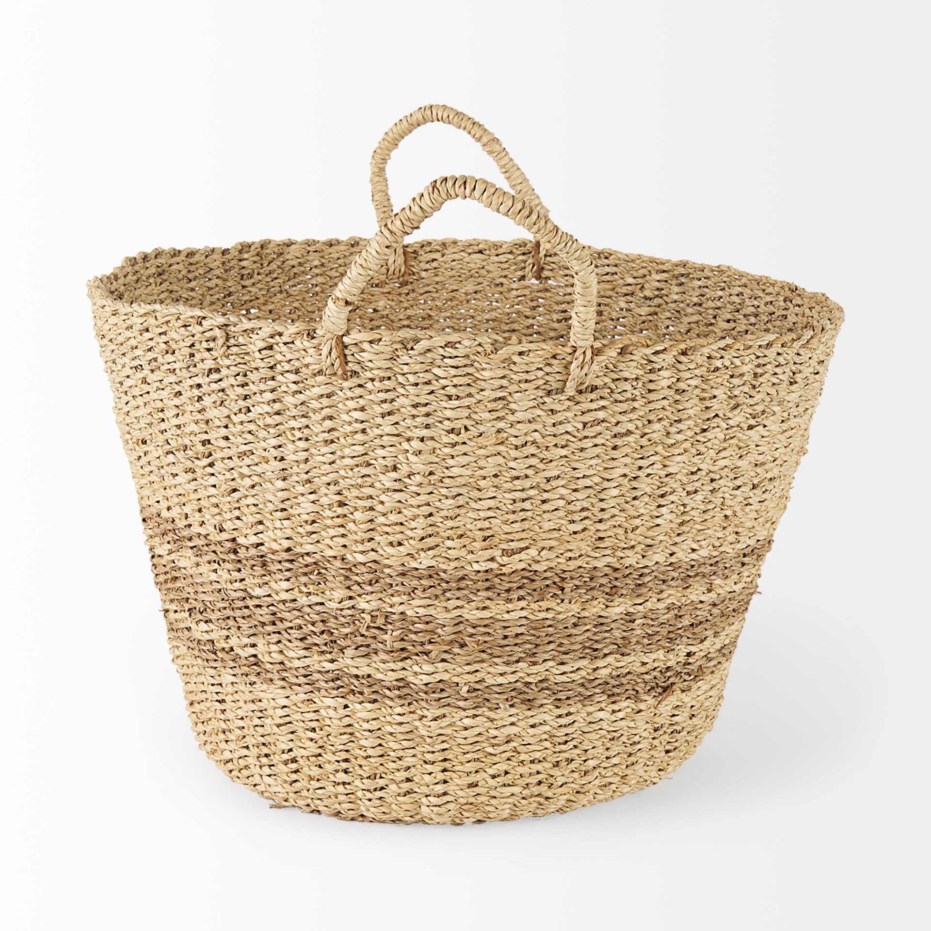 Vance 17.7L x 17.7W x 11.8H Light Brown Palm Leaf and Seagrass Round Basket W/ Handles — product photograph