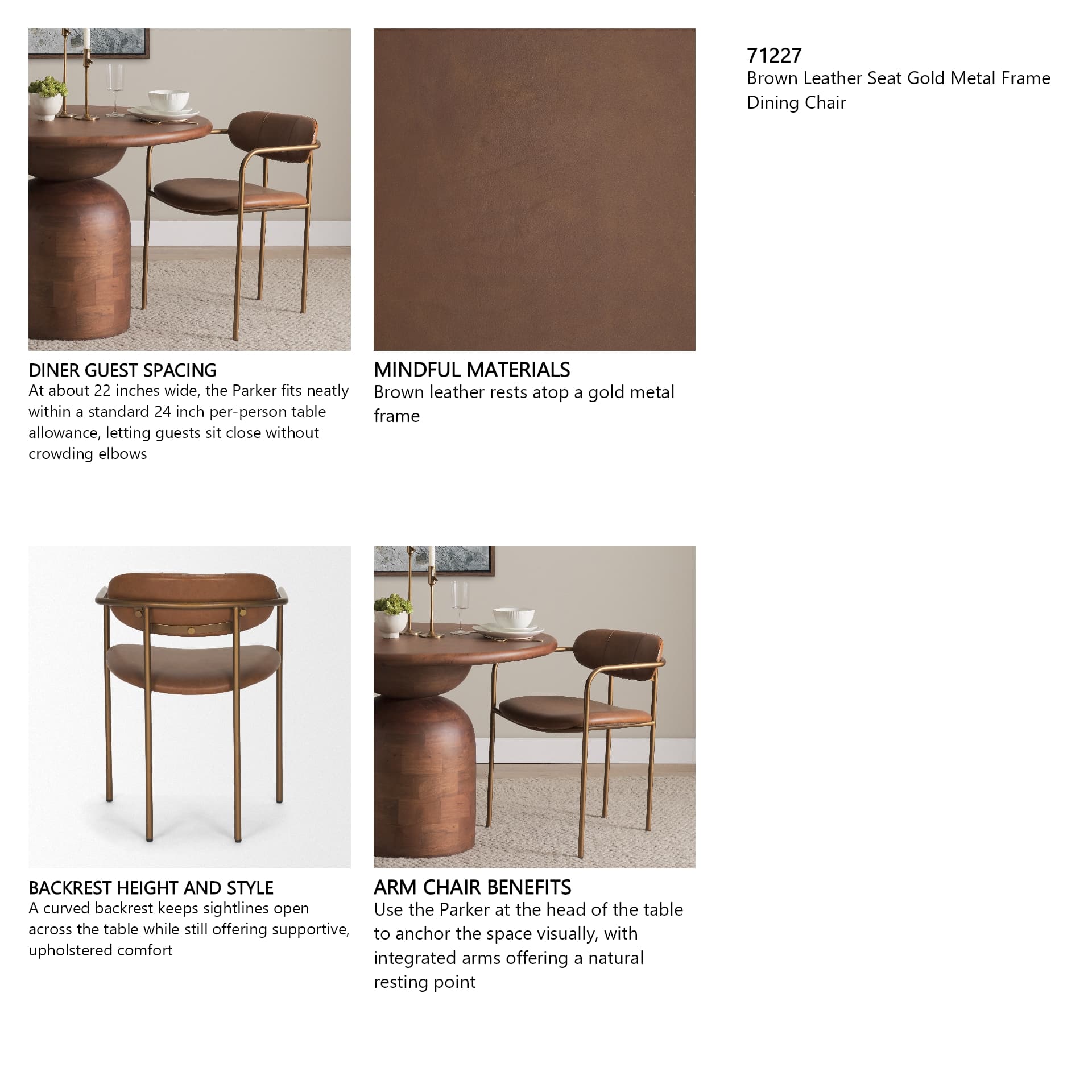 Parker Curved Back Dining Arm Chair | Brown Leather w/ Gold Metal — in a styled room