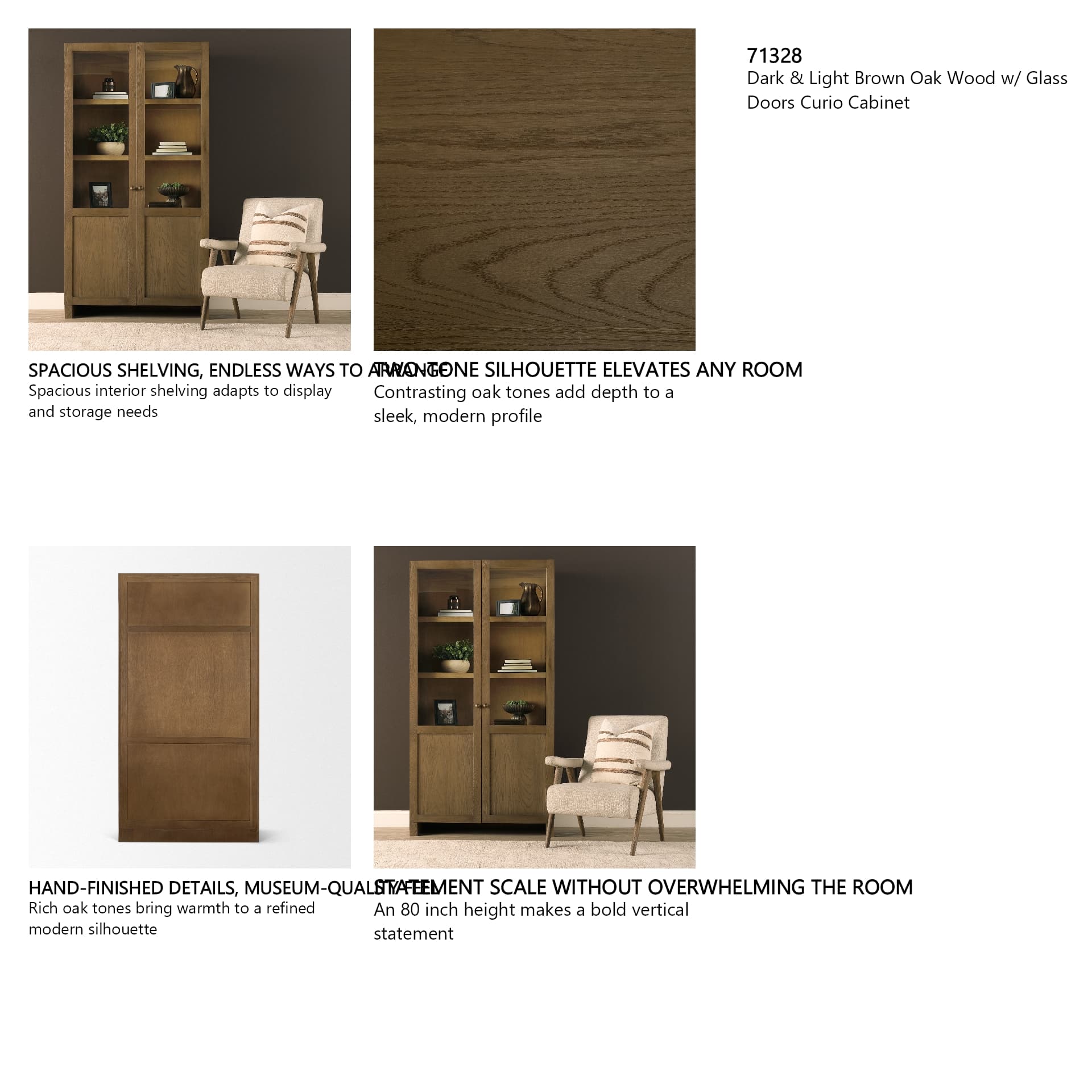 Henry Dark & Light Brown Oak Wood w/ Glass Doors Curio Cabinet — in a styled room