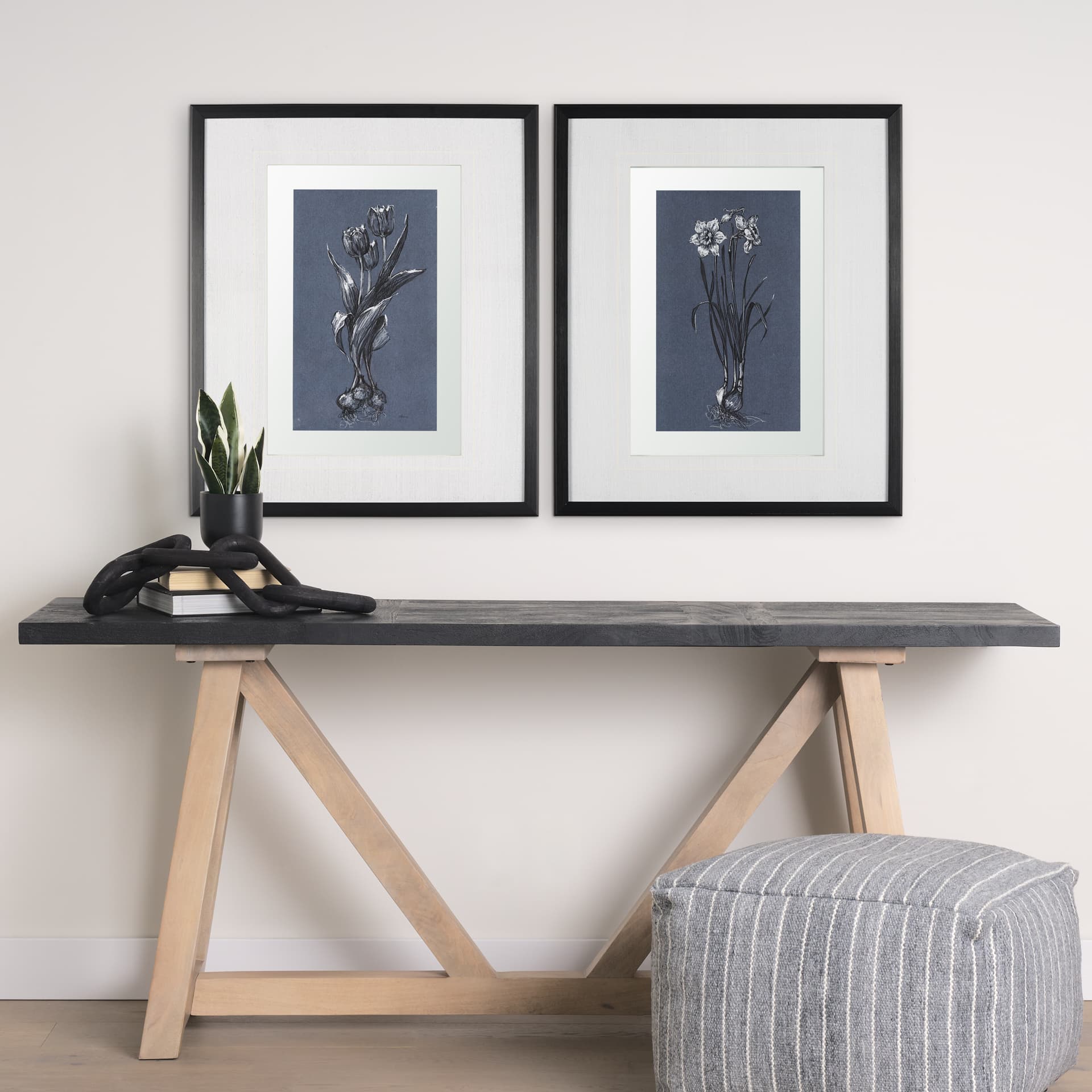 Botanical sketches I (Blue) by Mercana Studio Hand Embellished Framed Art Print Matted under Glass — in a styled room