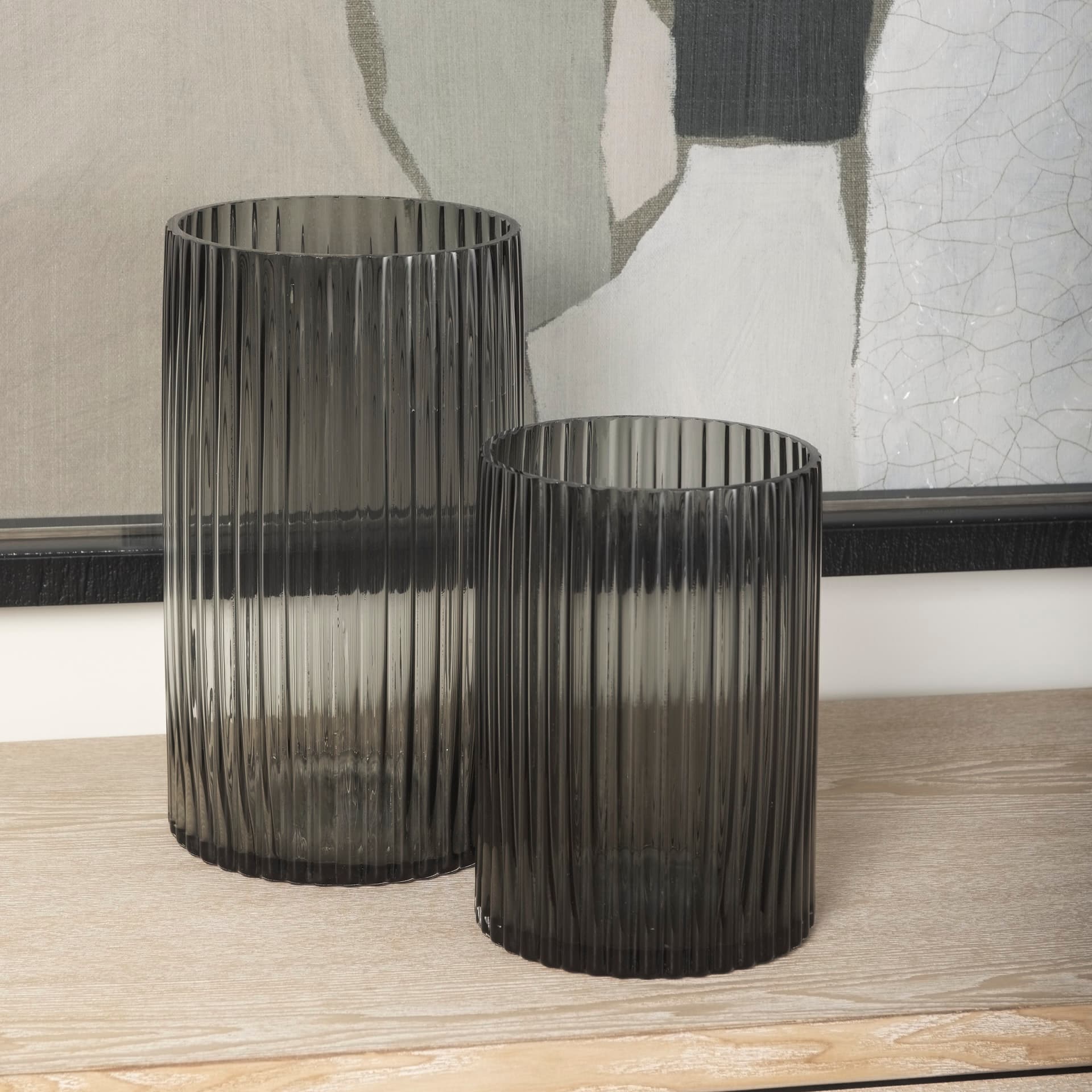 Dawn 8" Ribbed Smoke Gray Glass Vase — product photograph