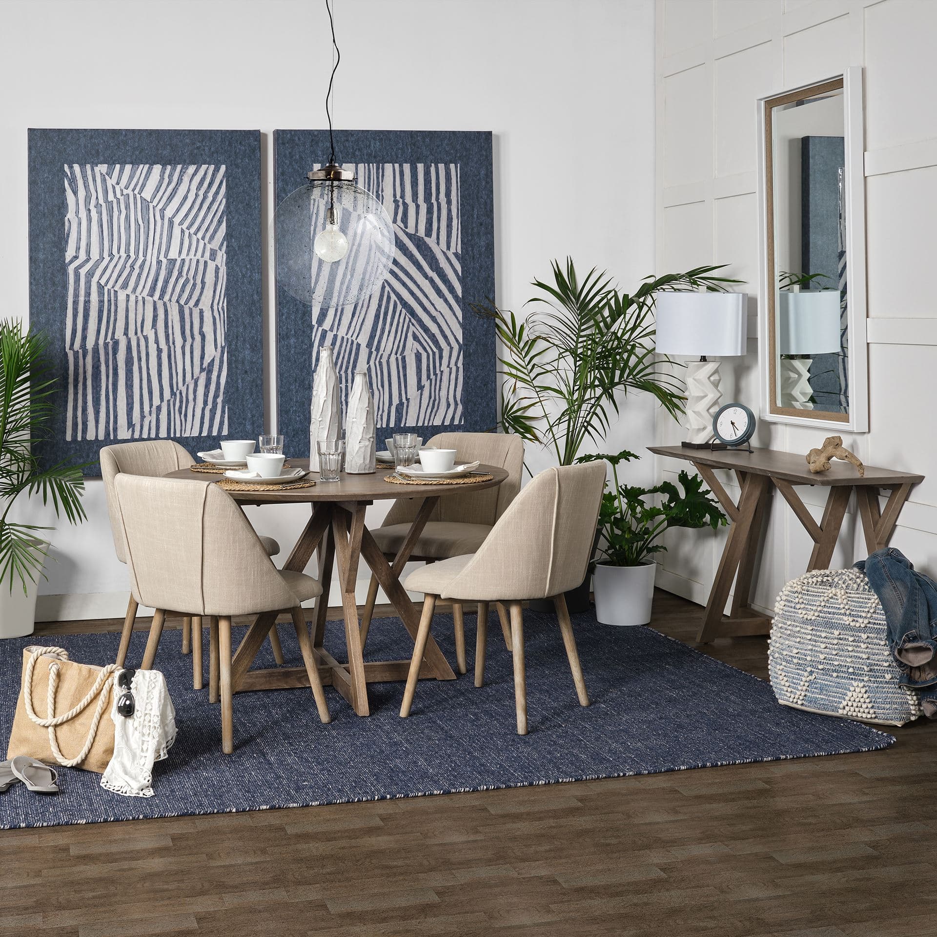 Rofi Blue Denim and Cream Cotton Stitched Square Pouf — in a styled room