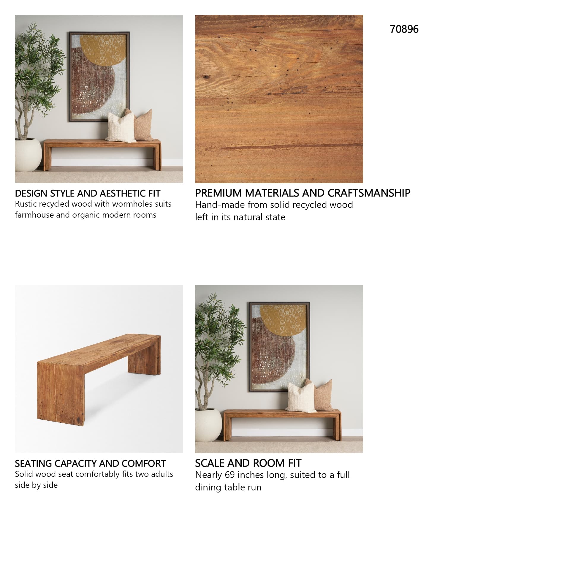 Tahira Rectangular Recycled Wooden Bench — in a styled room