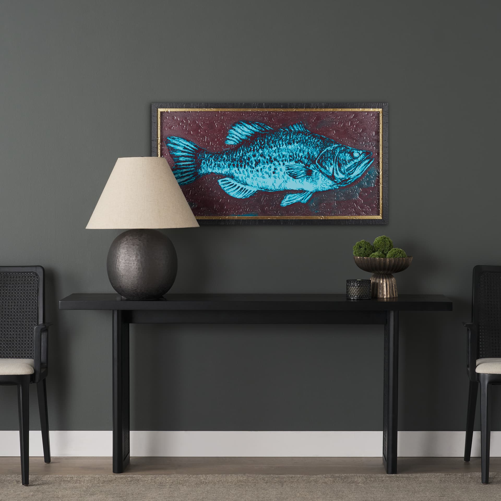 Largemouth Bass Turquoise by Mercana Studio a Hand Embellished Textured Framed Art Print — in a styled room