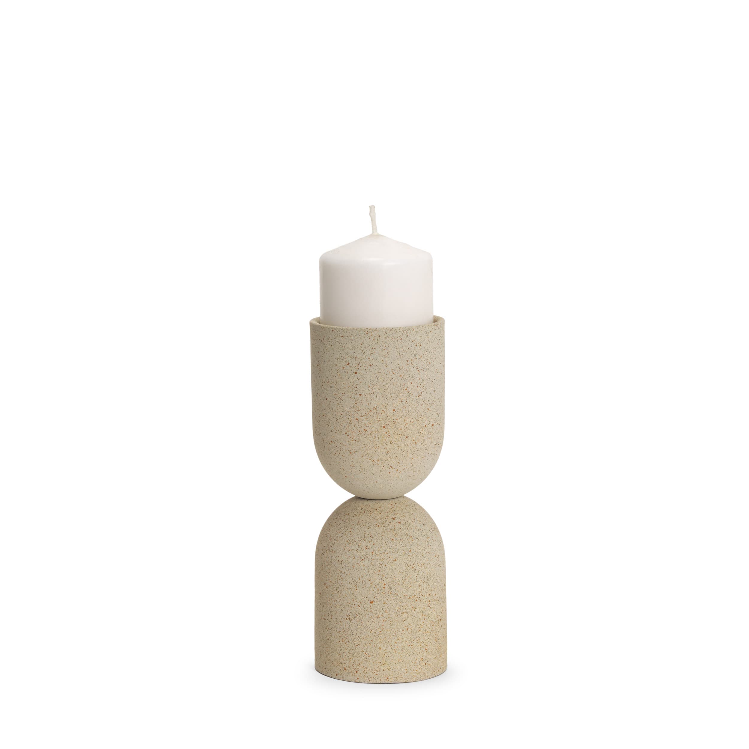 Qamra Short Beige Textured Metal Pillar Candle Holder — product photograph