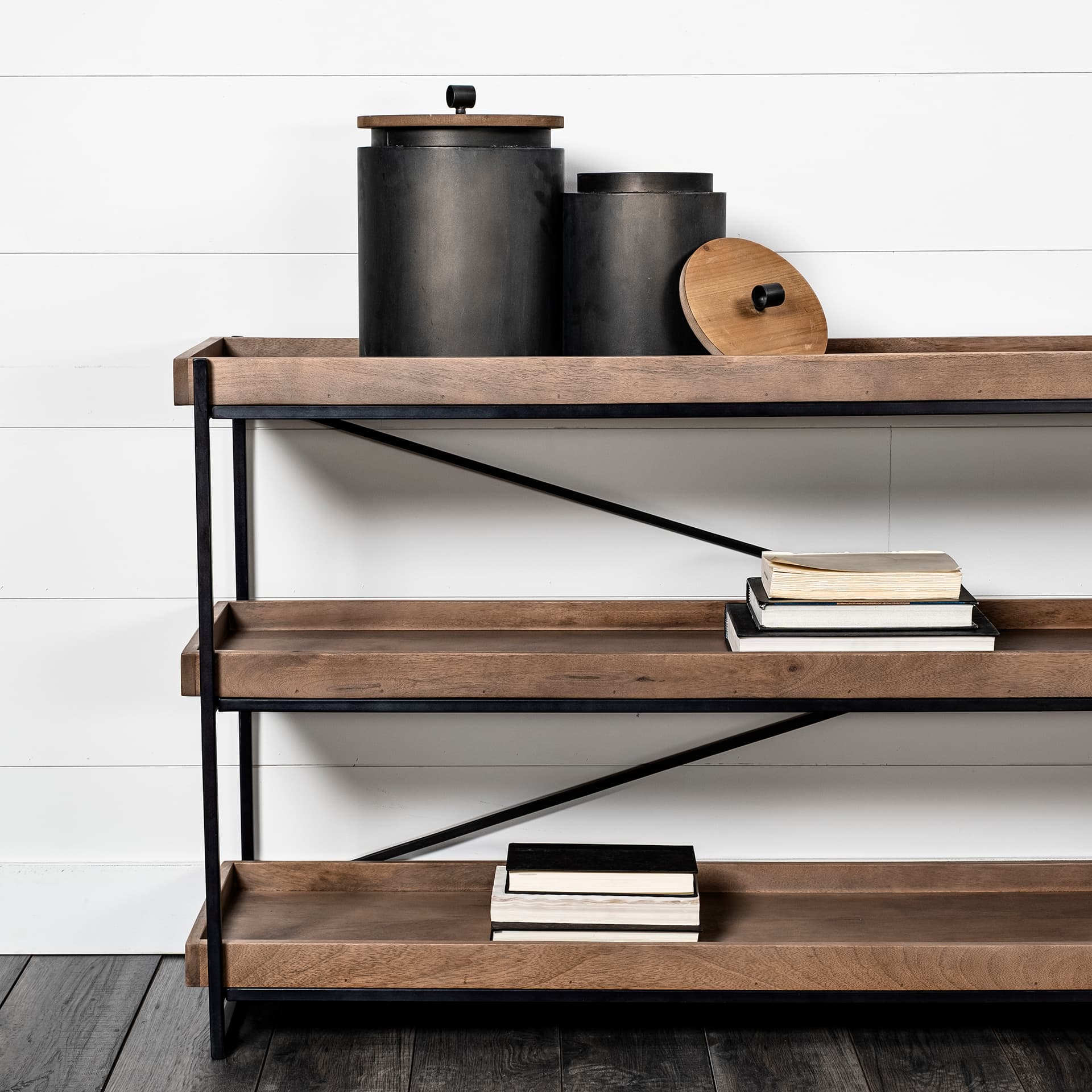 Cyril (Set of 2) Gray Metal W/ Brown Wood Lids Jars — product photograph