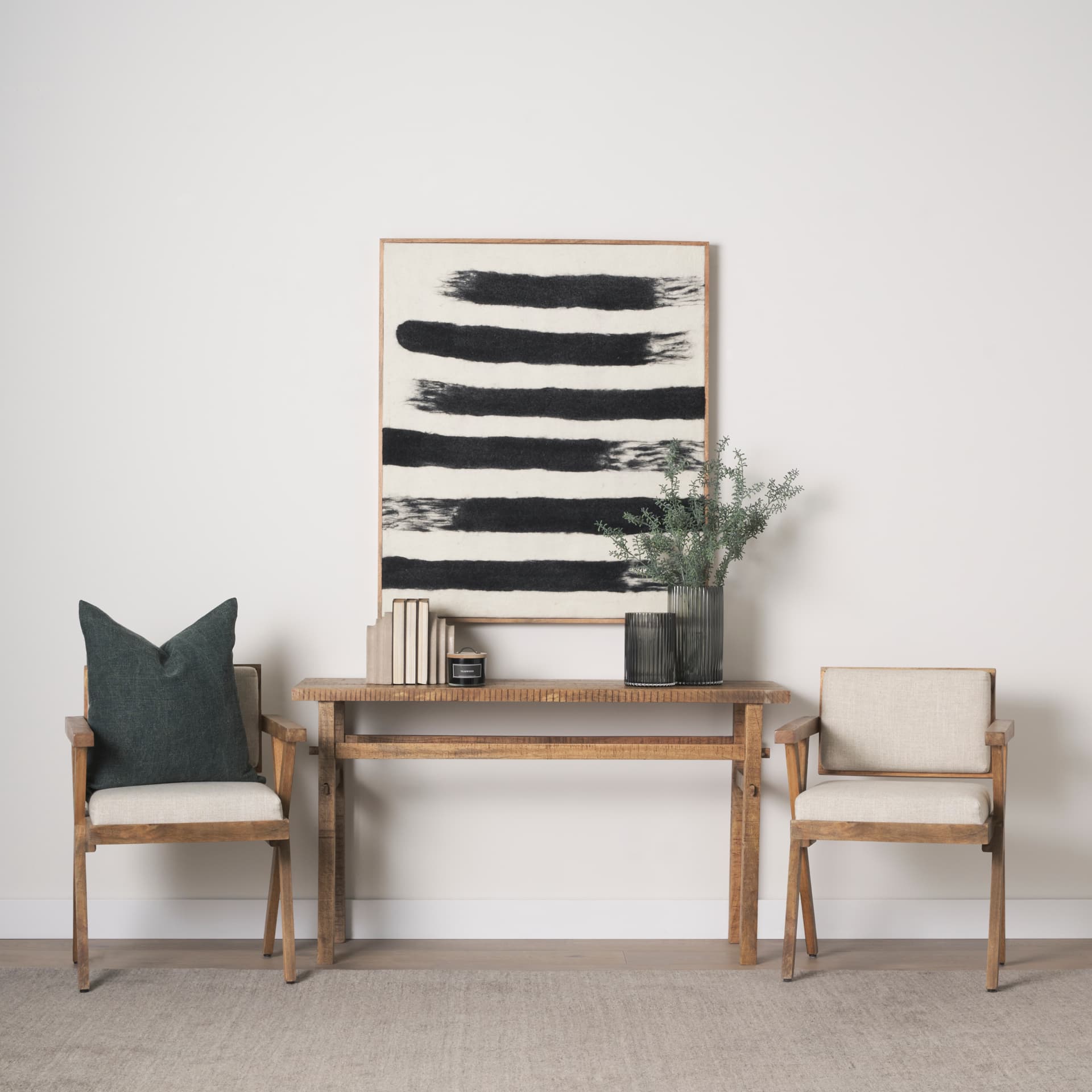 Rosie 54" Brown Wood Console Table — in a styled room