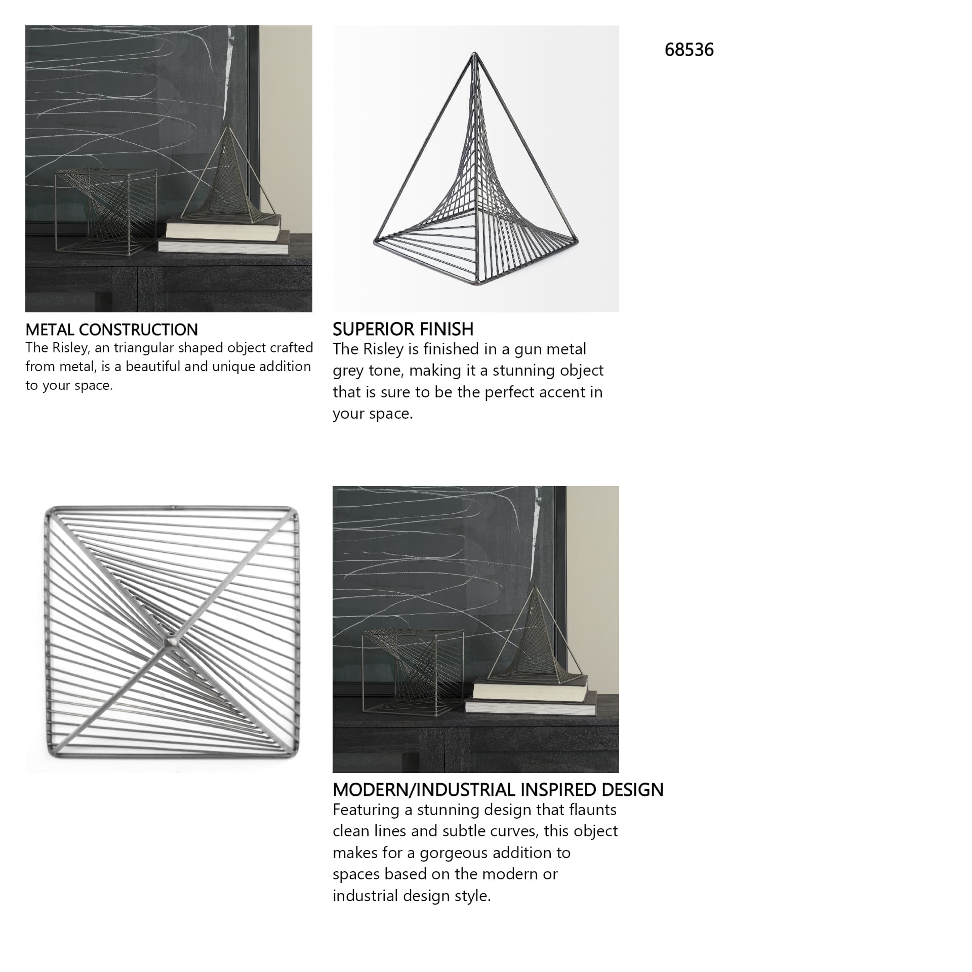 Risley 8L x 8W Gray Metal Triangular Decorative Object — in a styled room