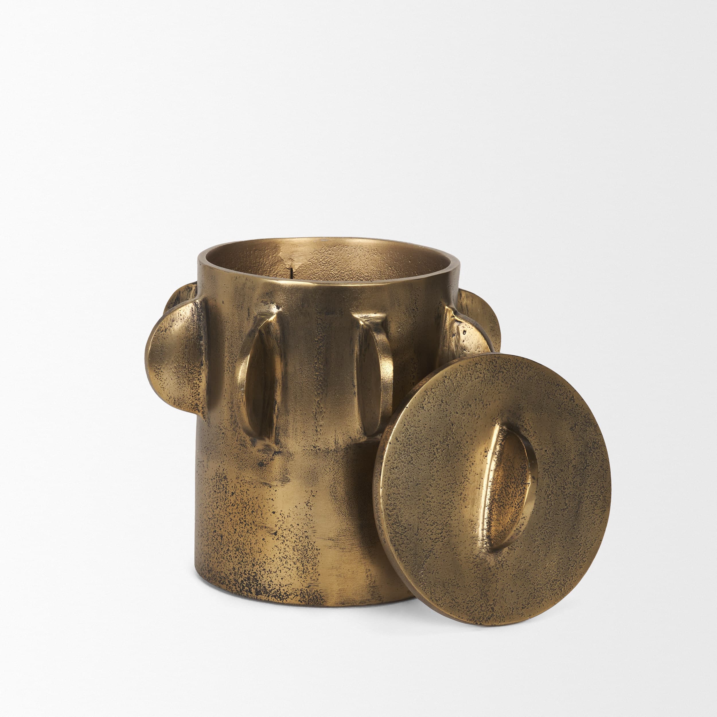 Deacon Small Antiqued Gold Metal Canister with Sculptural Handles — product photograph