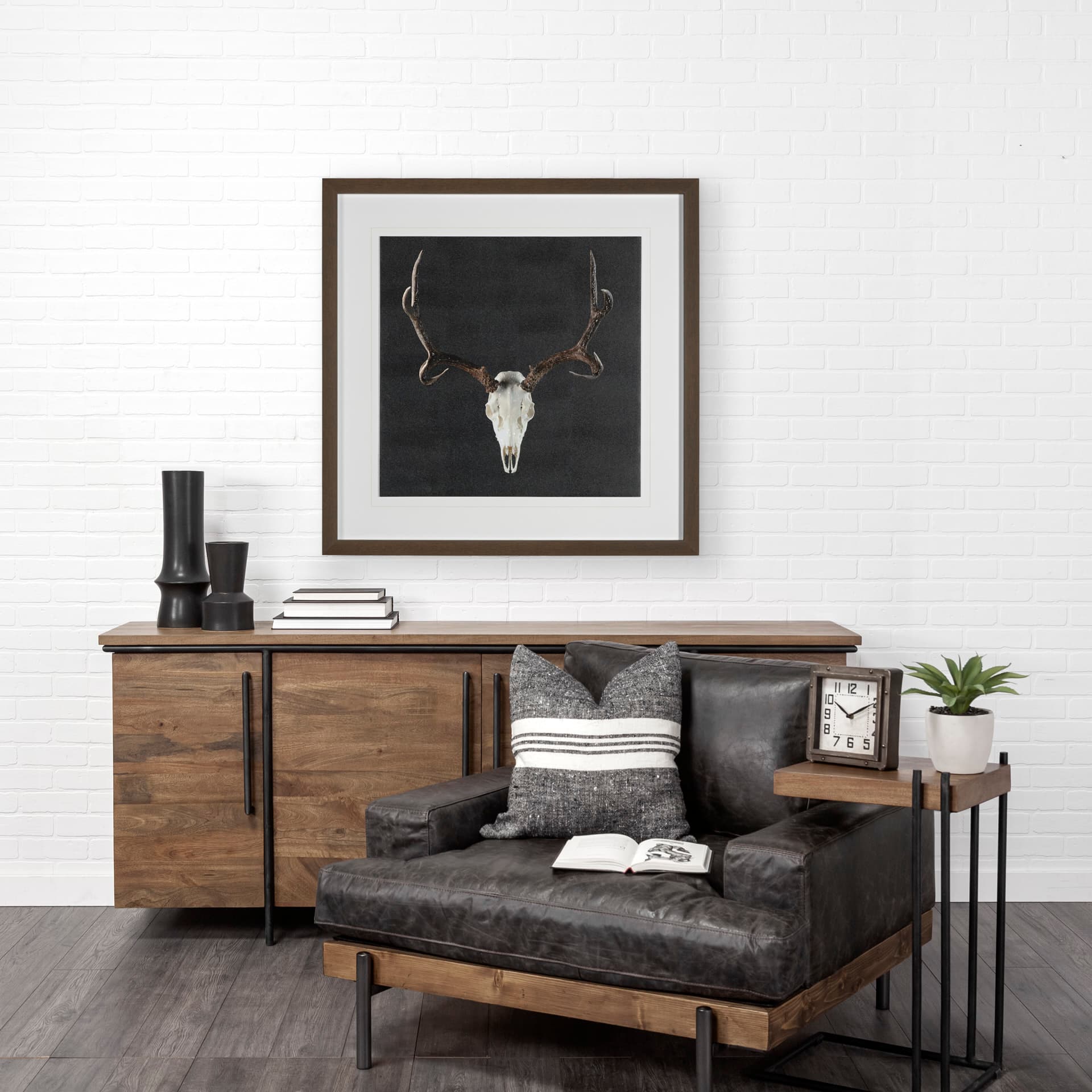 Deer Skull by Chris Dunker a Hand Embelished Textured Framed Art Print Matted under Glass — in a styled room