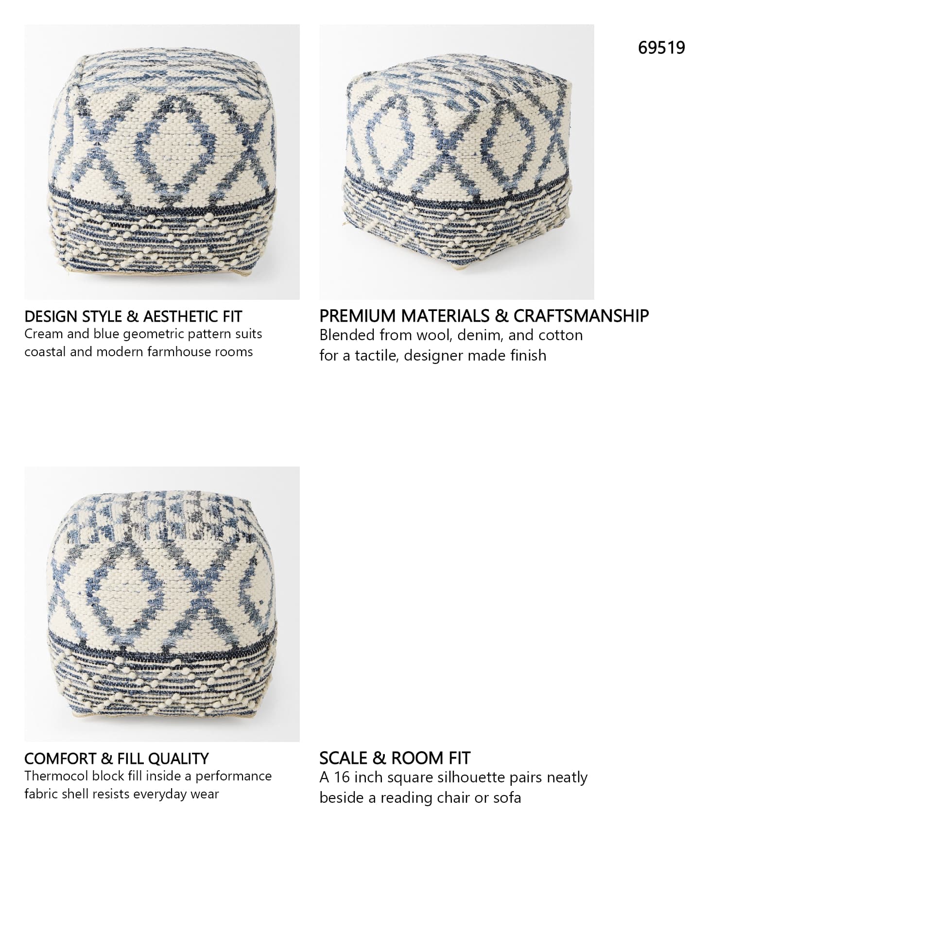 Eshana 16.0L x 16.0W x 16.0H Cream Wool and Denim Patterned Pouf — in a styled room