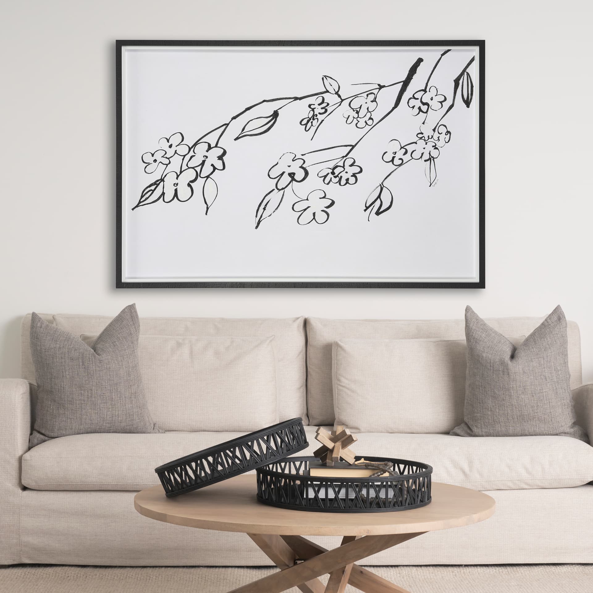 Blossoming Cherry Branch by Mercana Studio Hand Embellished Framed Art Print Matted under Glass — in a styled room