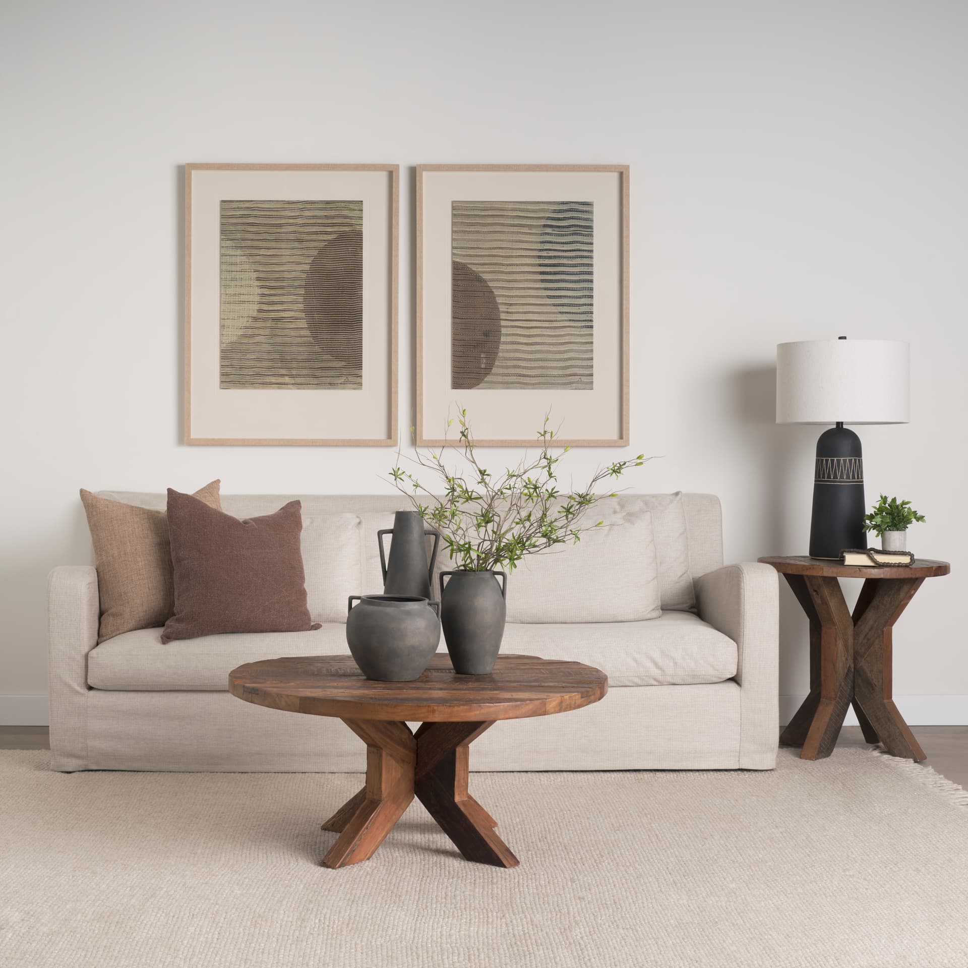 Kilian Short Brown-Gray Double Ear Vase — in a styled room