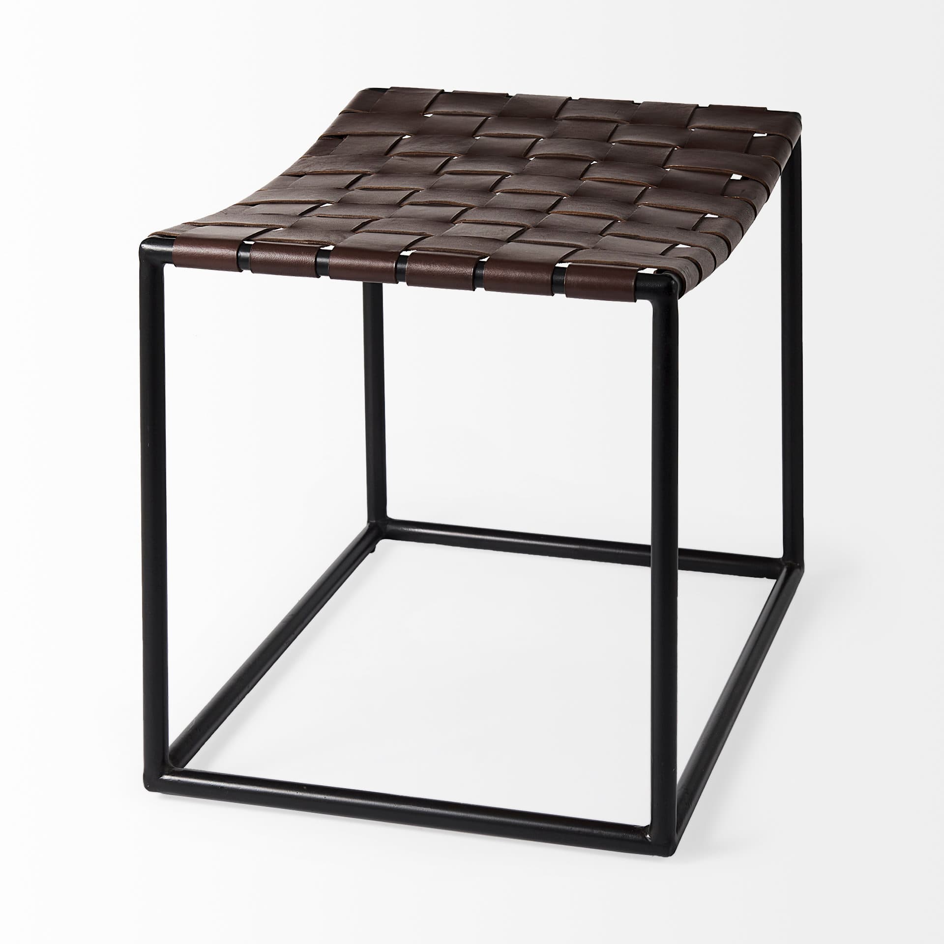 Clarissa 22.0L x 16.0W x 16.5H Brown Leather Woven Seat W/ Black Metal Frame Stool — product photograph