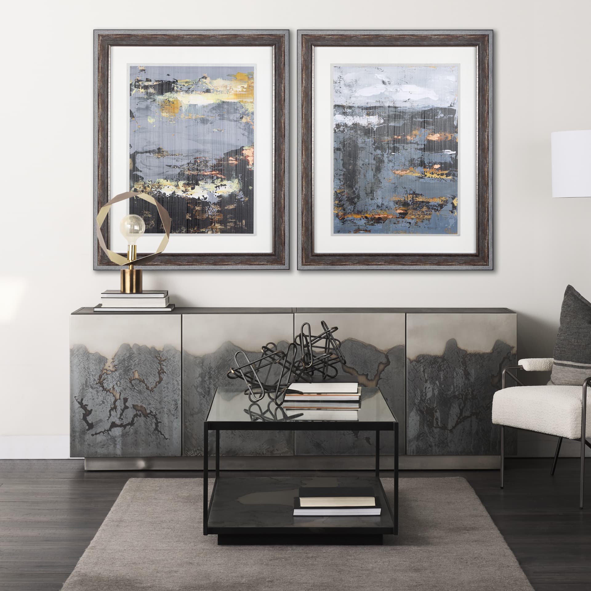Silver and gold Inspiration I by Mercana Studio a Hand Embellished Textured Framed Art Print — in a styled room