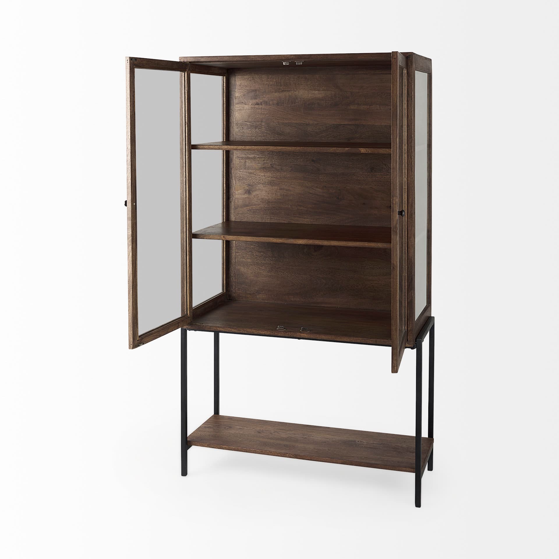 Arelius 36L x 18.75W x 63H Medium Brown Wood W/ Black Metal Base Display Cabinet — product photograph