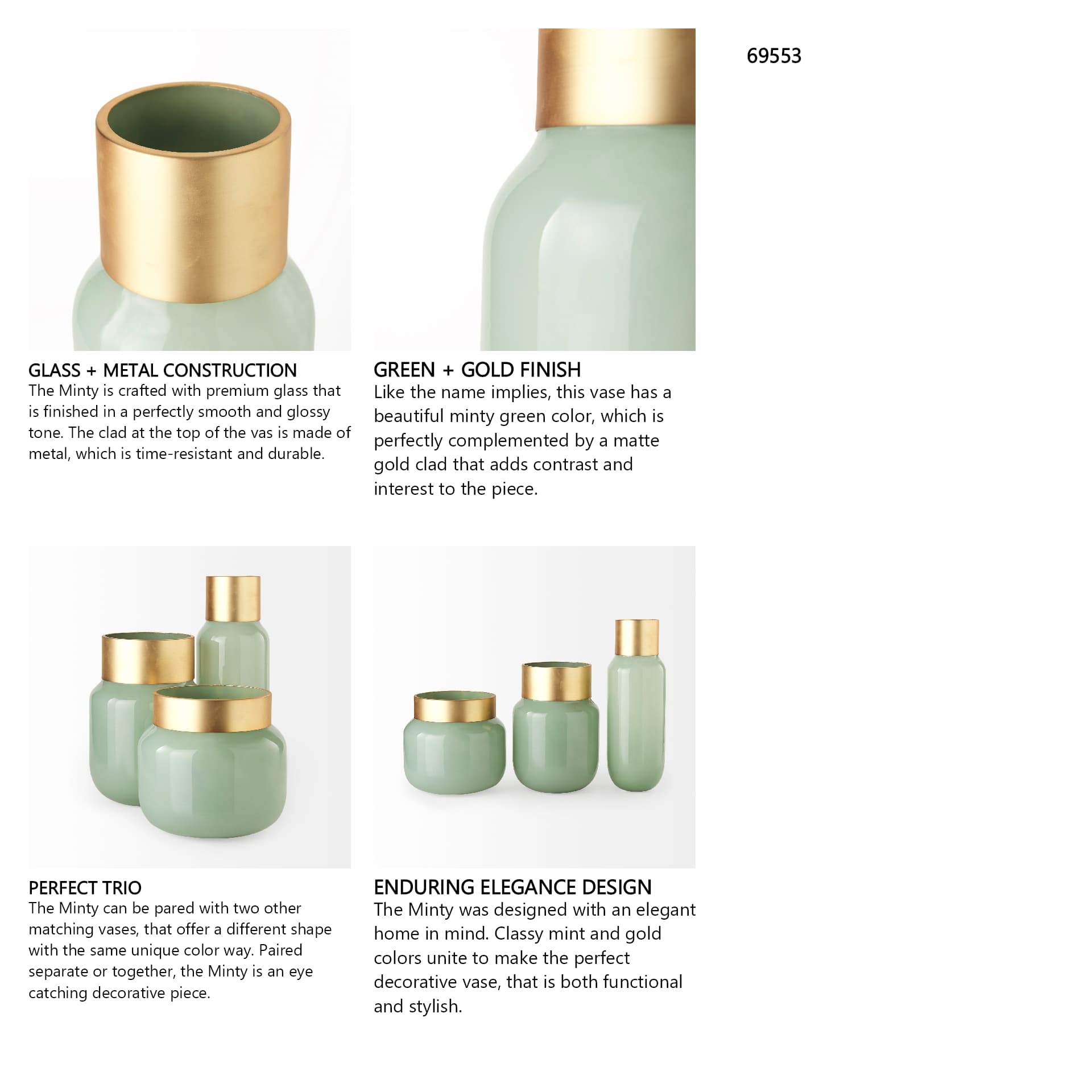 Minty 5.7L x 5.7W x 16.8H Green Glass Vase W/Matte Gold Metal Neck Cuff — in a styled room