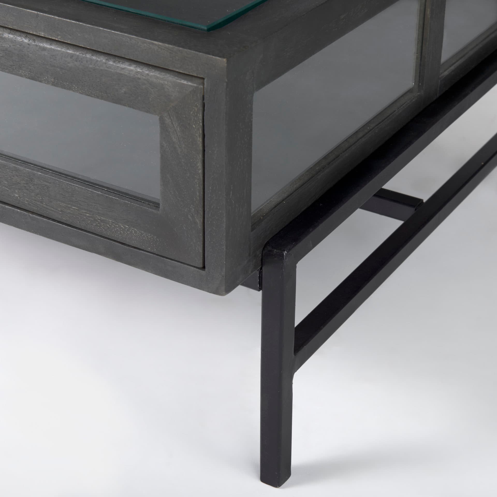 Arelius 49.5"L Rectangular Glass-Top Black-Brown Wood w/ Black Metal Base Display Coffee Table — product photograph
