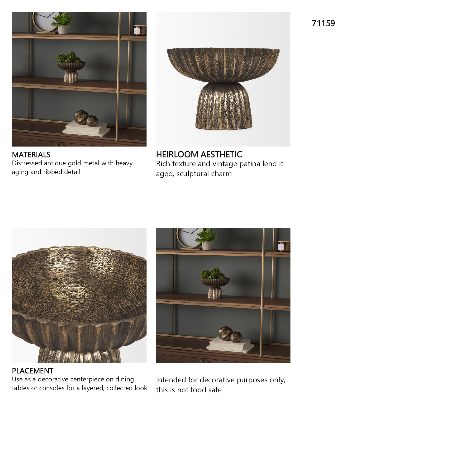 Ciaran Fluted Textured Antiqued Gold Metal Decorative Bowl — in a styled room