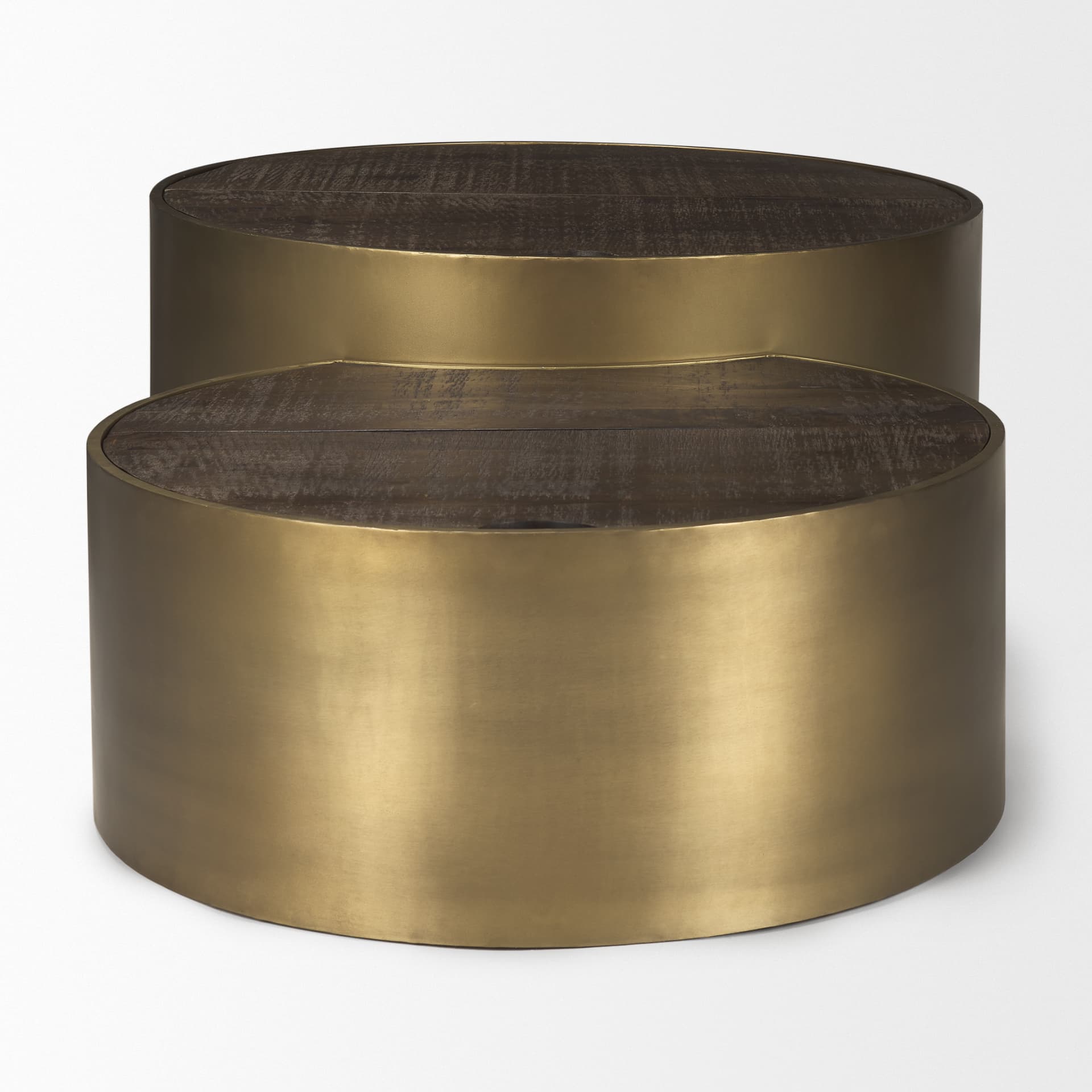 Eclipse Antique Brass Metal Drum Base w/ Dark Brown Wood Top Nested Coffee Table — product photograph