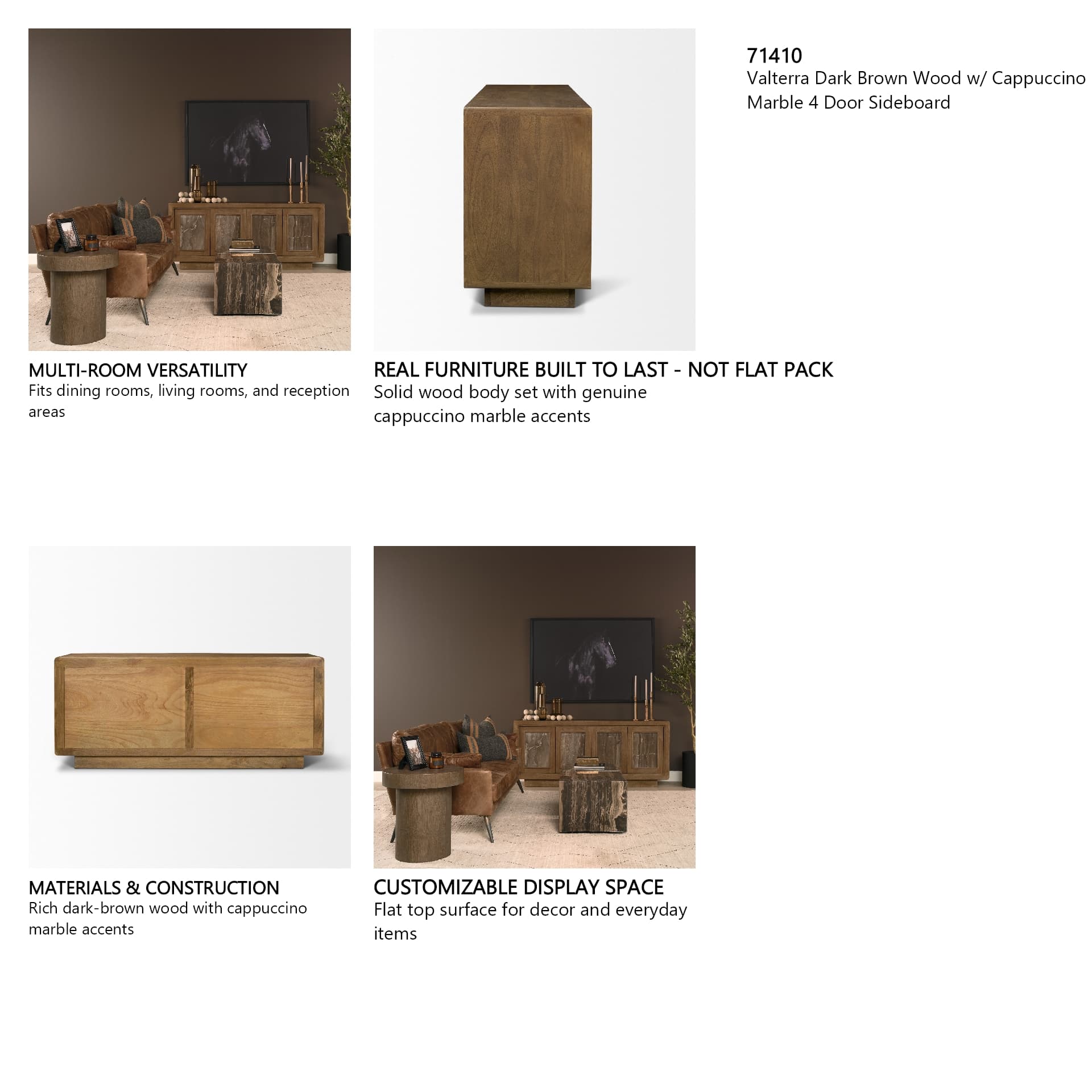 Valterra Dark Brown Wood w/ Cappuccino Marble 4 Door Sideboard — product photograph