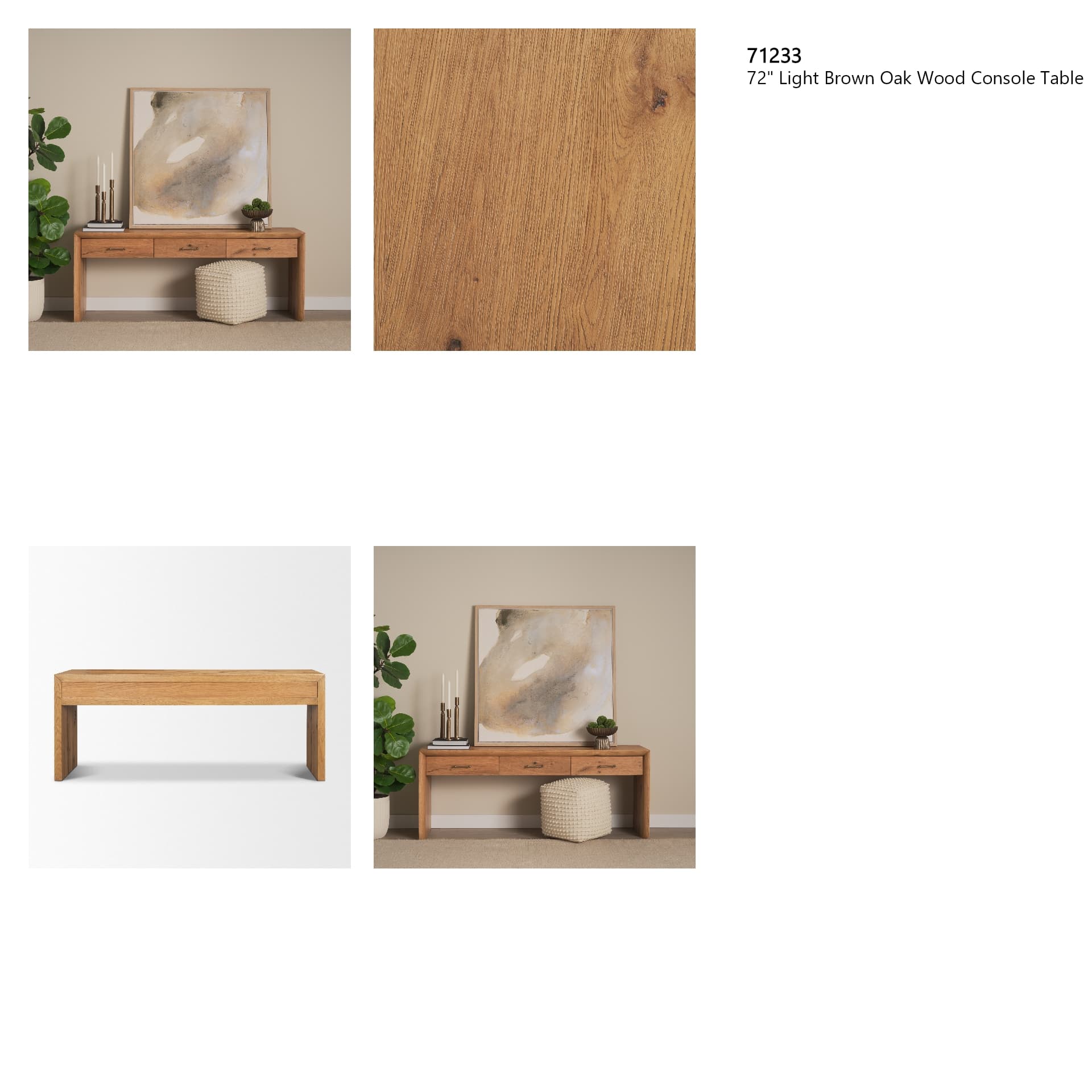 Belford 72" Light Brown Oak Wood Console Table — in a styled room