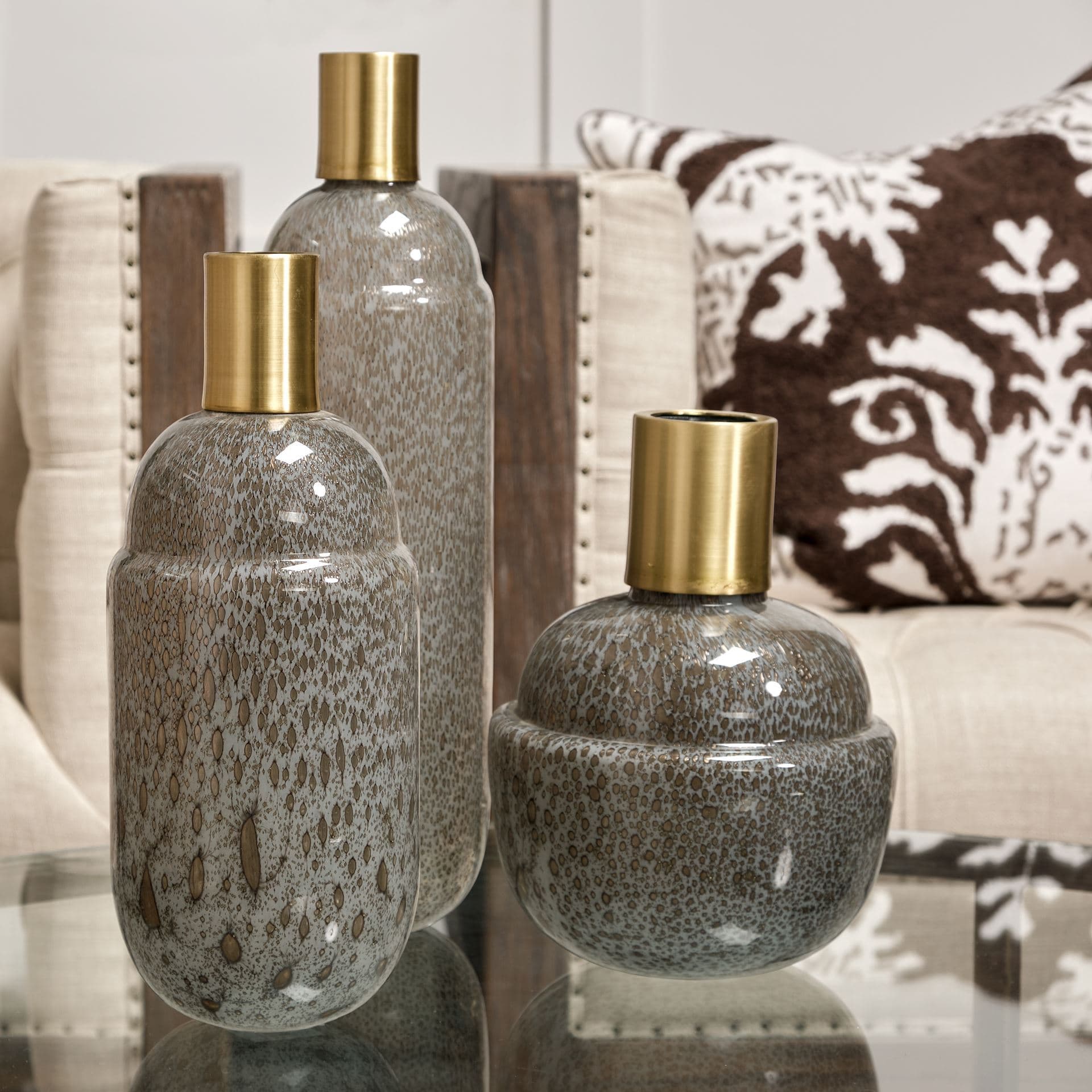 Toba II Tall Brown/Gold Spotted Gourd Style Vase — in a styled room