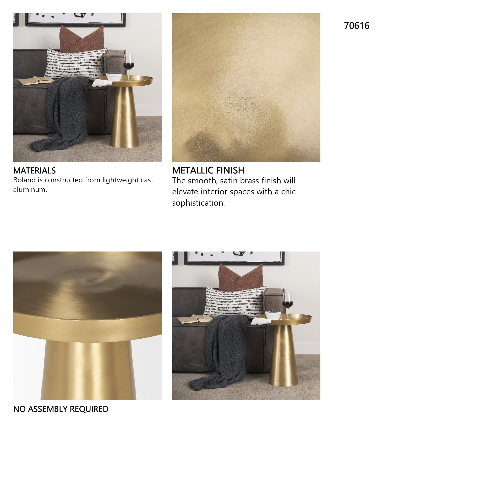 Roland Satin Brass Cast Aluminum Metal Accent Table — in a styled room