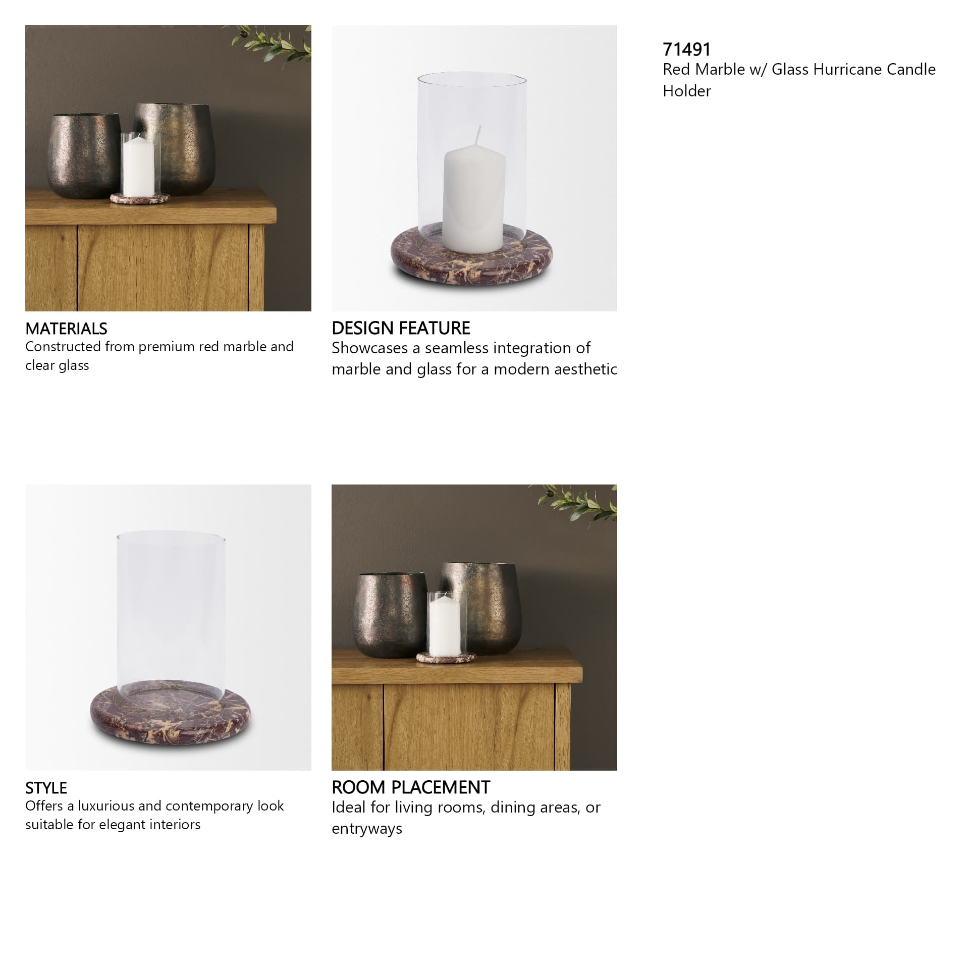 Bordo Red Marble w/ Glass Hurricane Candle Holder — in a styled room