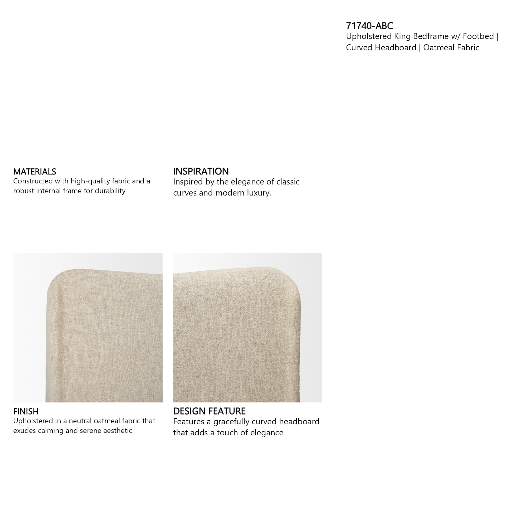Solene King Upholstered Bedframe w/ Footbed | Curved Headboard | Oatmeal Fabric — in a styled room