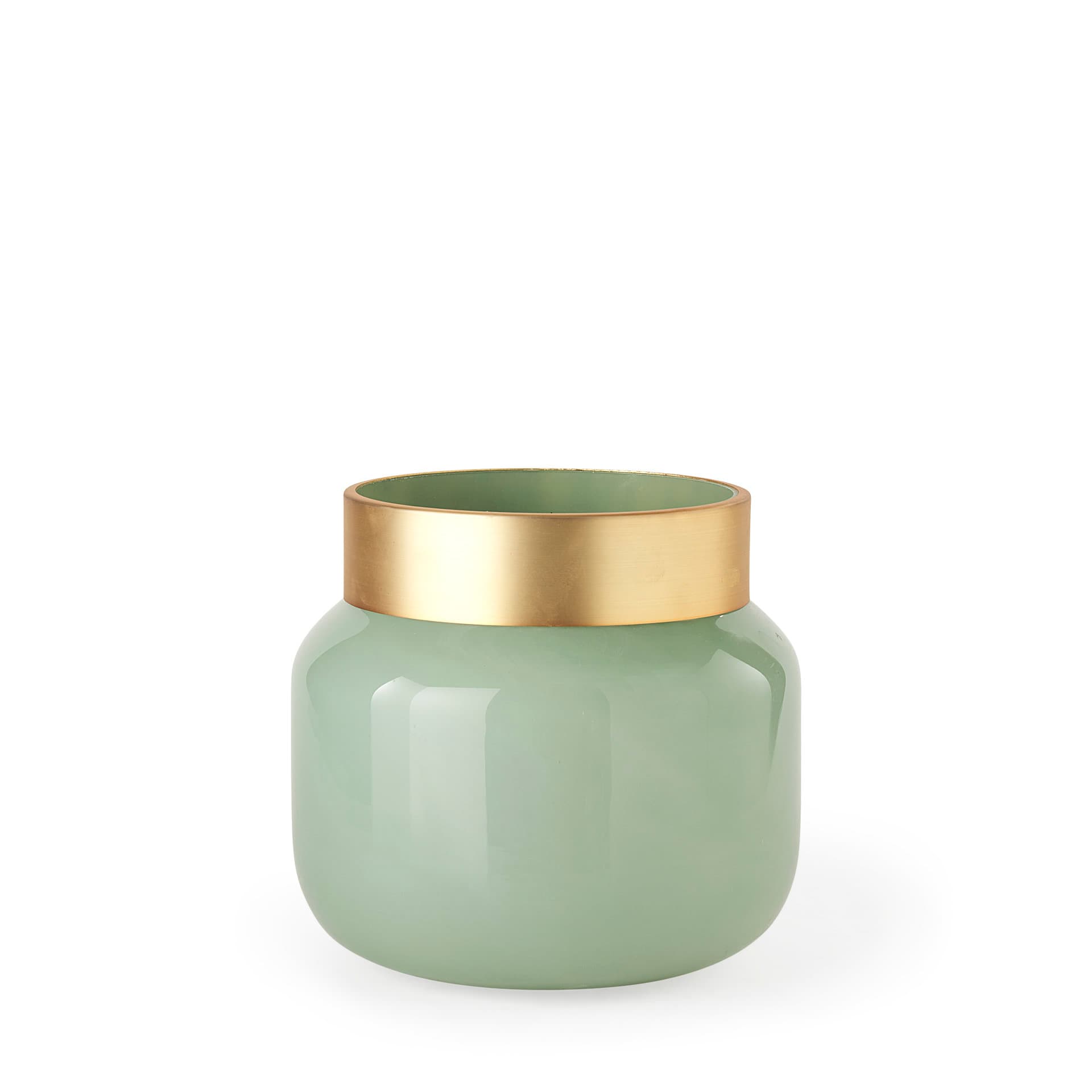 Minty 9.9L x 9.9W x 9.6H Green Glass Vase W/Matte Gold Metal Neck Cuff — product photograph