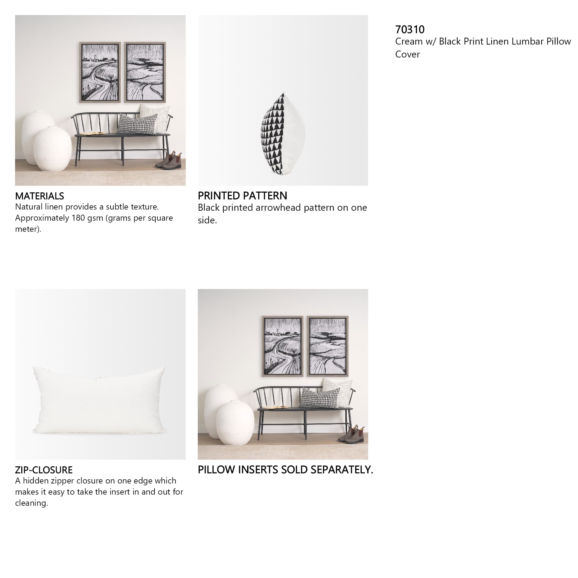 Jolie Cream w/ Black Print Linen Lumbar Pillow Cover — in a styled room