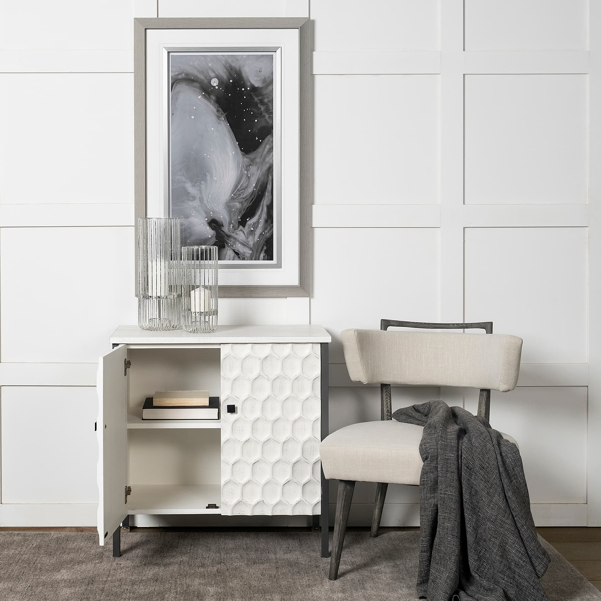 Savannah White Fir Veneer w/ Gray Metal 2-Door Accent Cabinet — in a styled room
