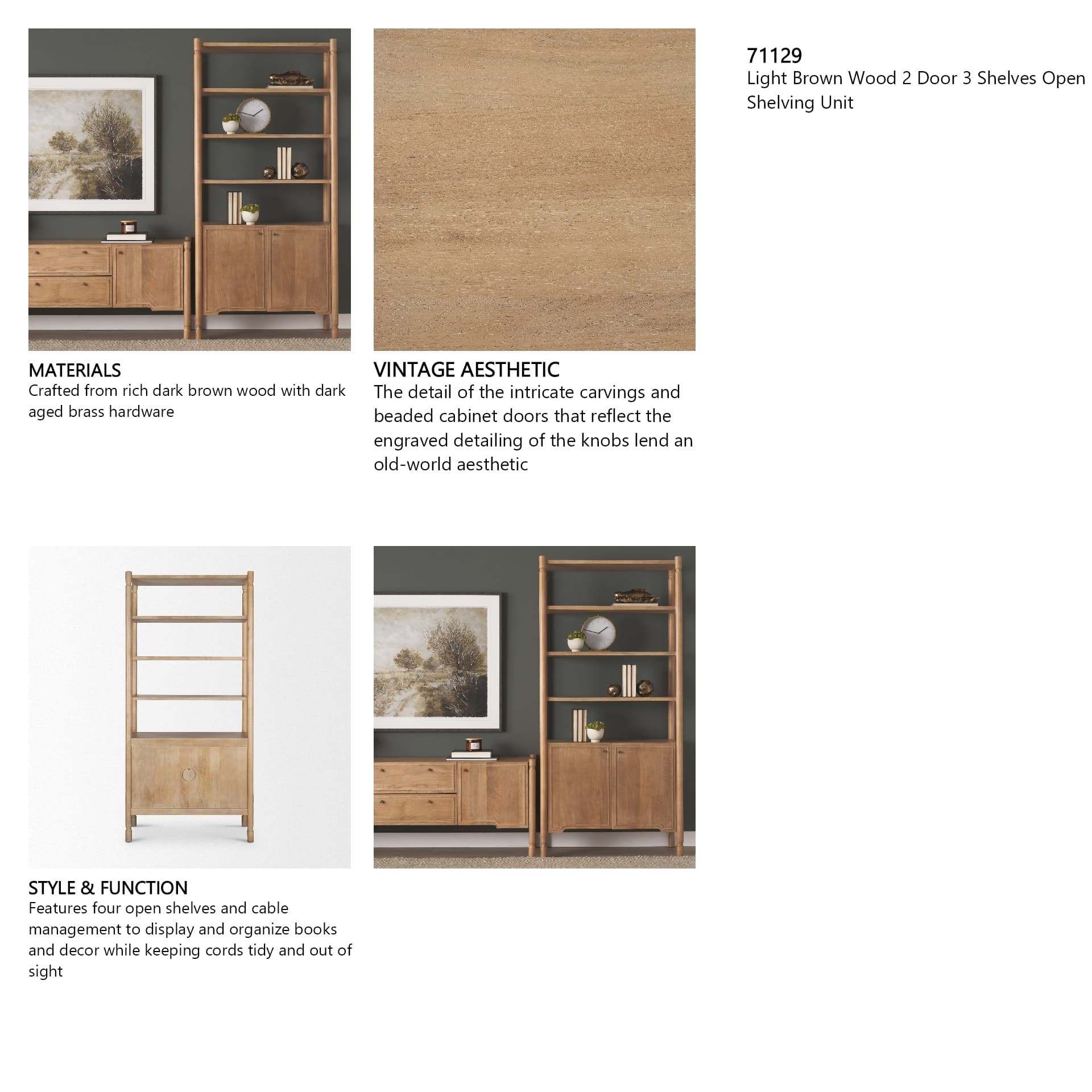 Phil Light Brown Wood 2 Door 3 Shelves Open Shelving Unit — in a styled room