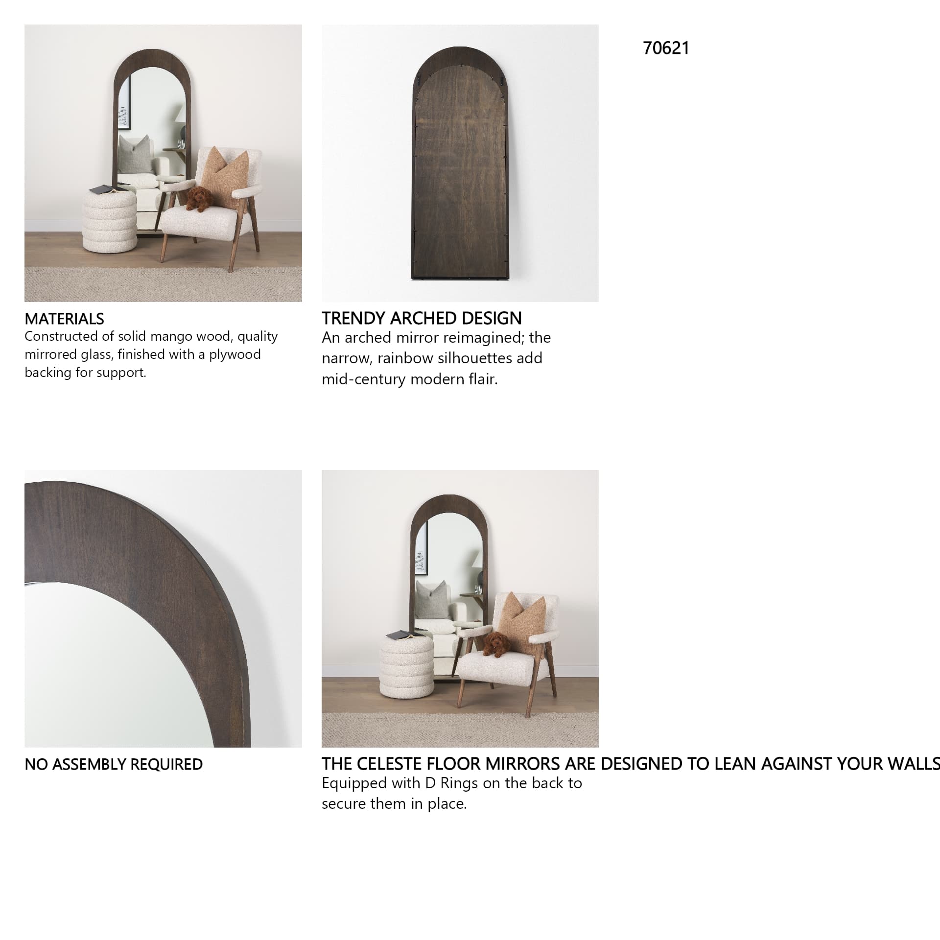 Celeste Dark Brown Wood Arched Floor Mirror — product photograph