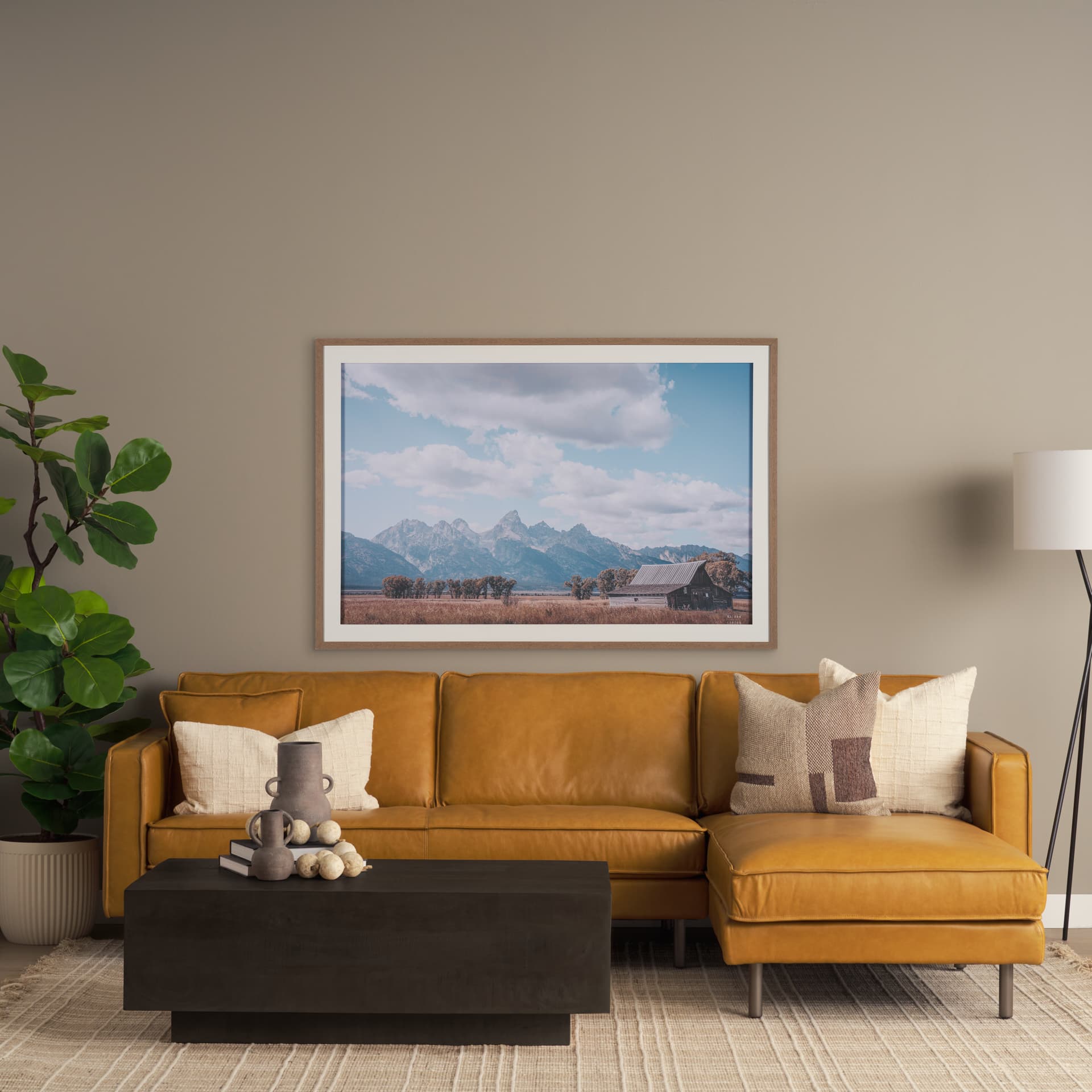 D'Arcy 111"L x 70"D x 33"H Tan Leather Right Chaise Sectional — product photograph