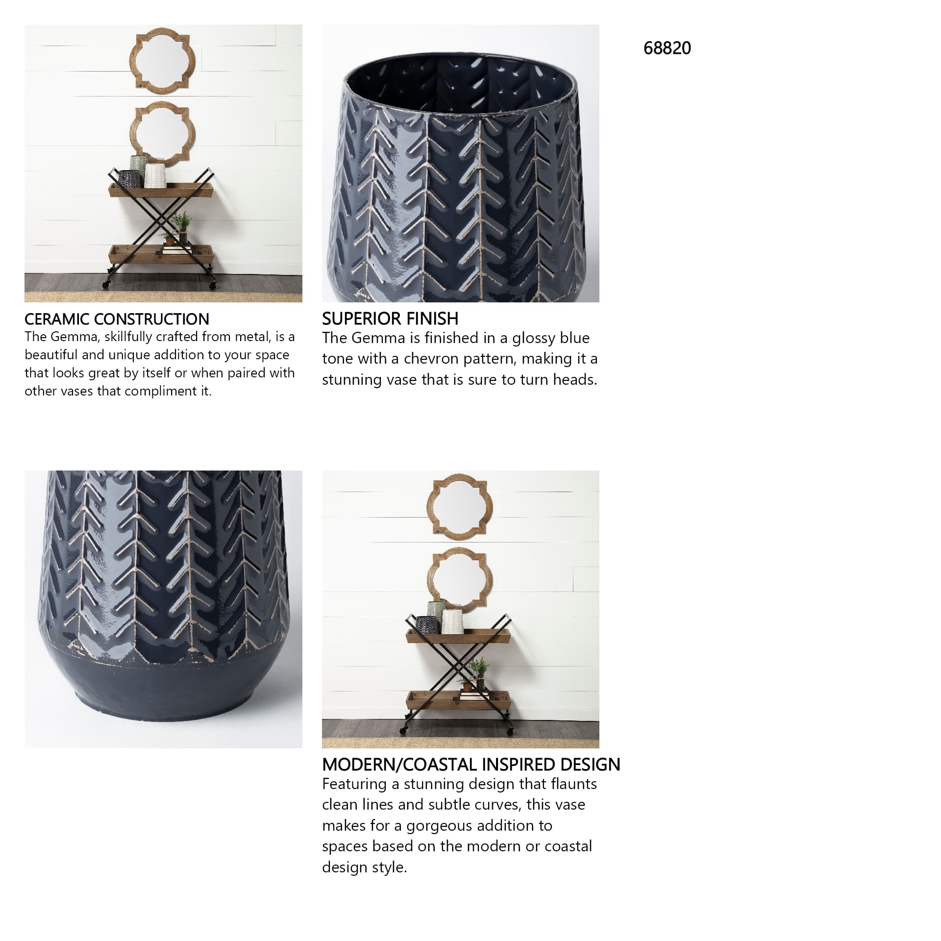 Gemma I Metal Glossy Dark Blue Chevron Vase — in a styled room